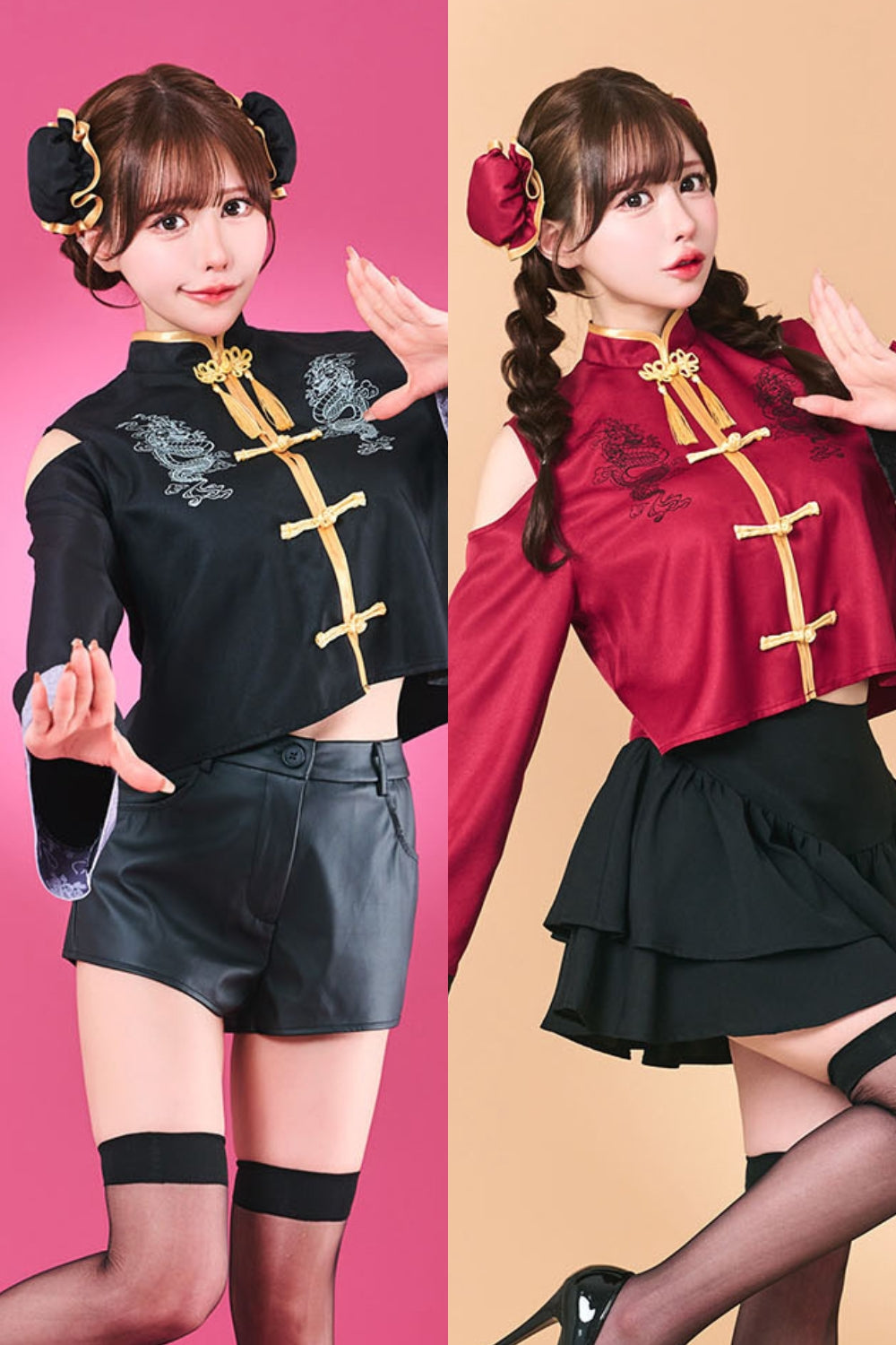 New] コスプレ アニマル トッピングトップス カンフーチャイナ 黒/紅