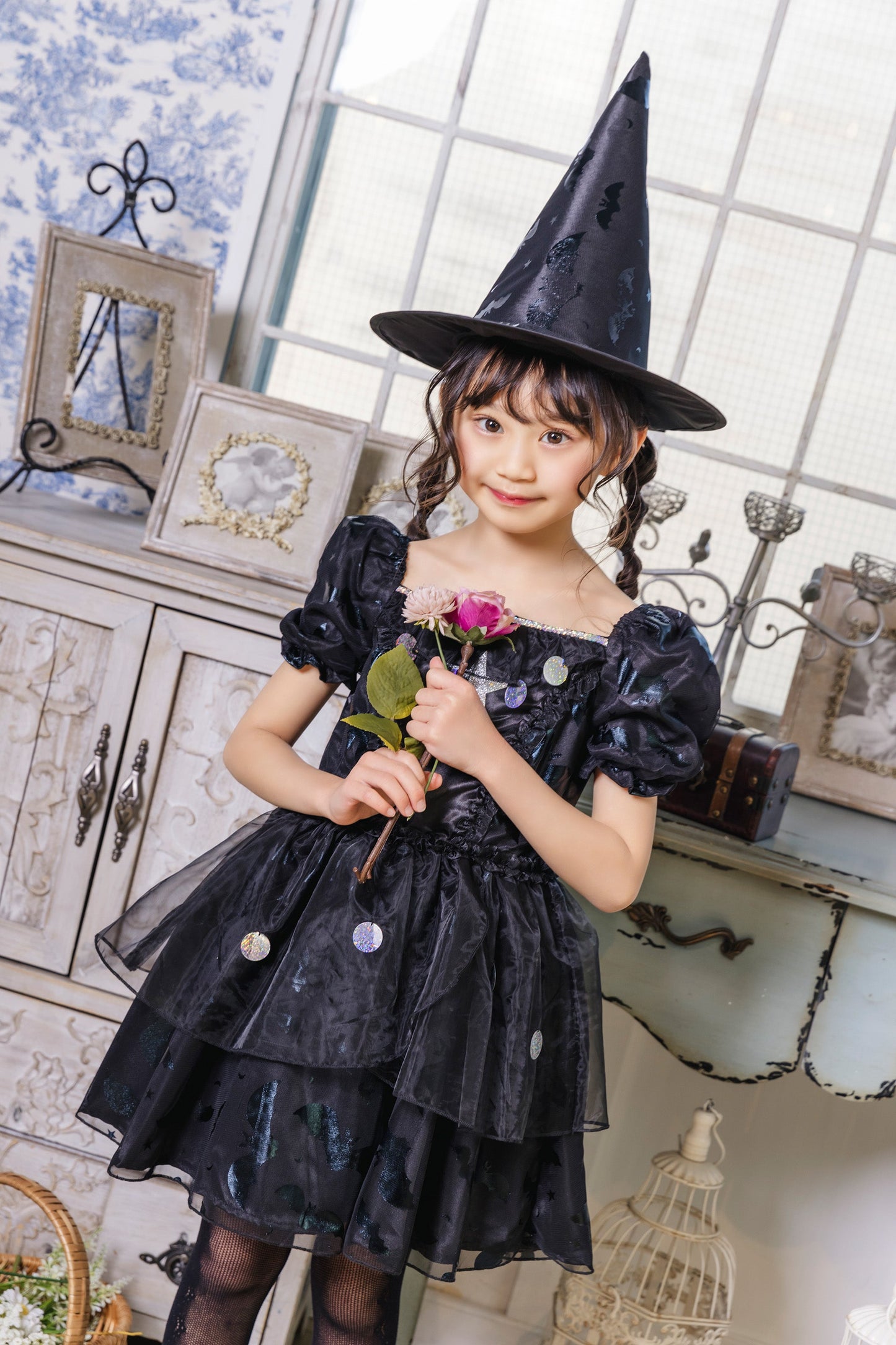 コスプレ キッズ こども 魔女 ハロウィン メルヘンウィッチ 女の子 100cm/120cm/140cm ブラック 【クリアストーン】