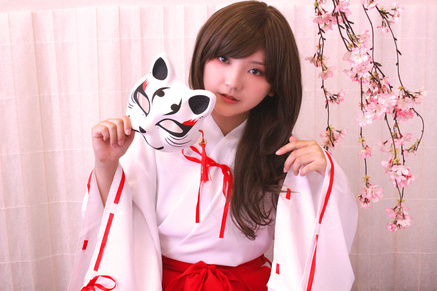 コスプレ きつね お面 花鳥風月 きつね面 白 黒耳 レディース フリーサイズ ホワイト ブラック【クリアストーン】