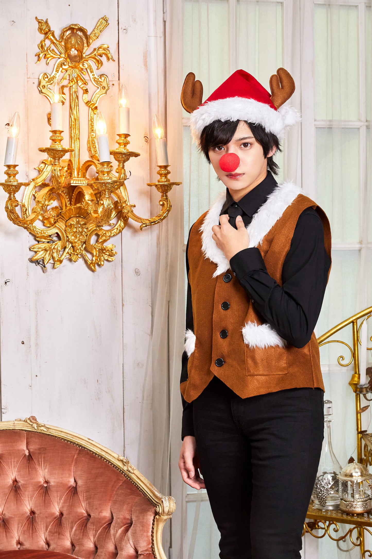 コスプレ クリスマス トナカイ トナカイベストセット メンズ フリーサイズ ブラウン【クリアストーン】