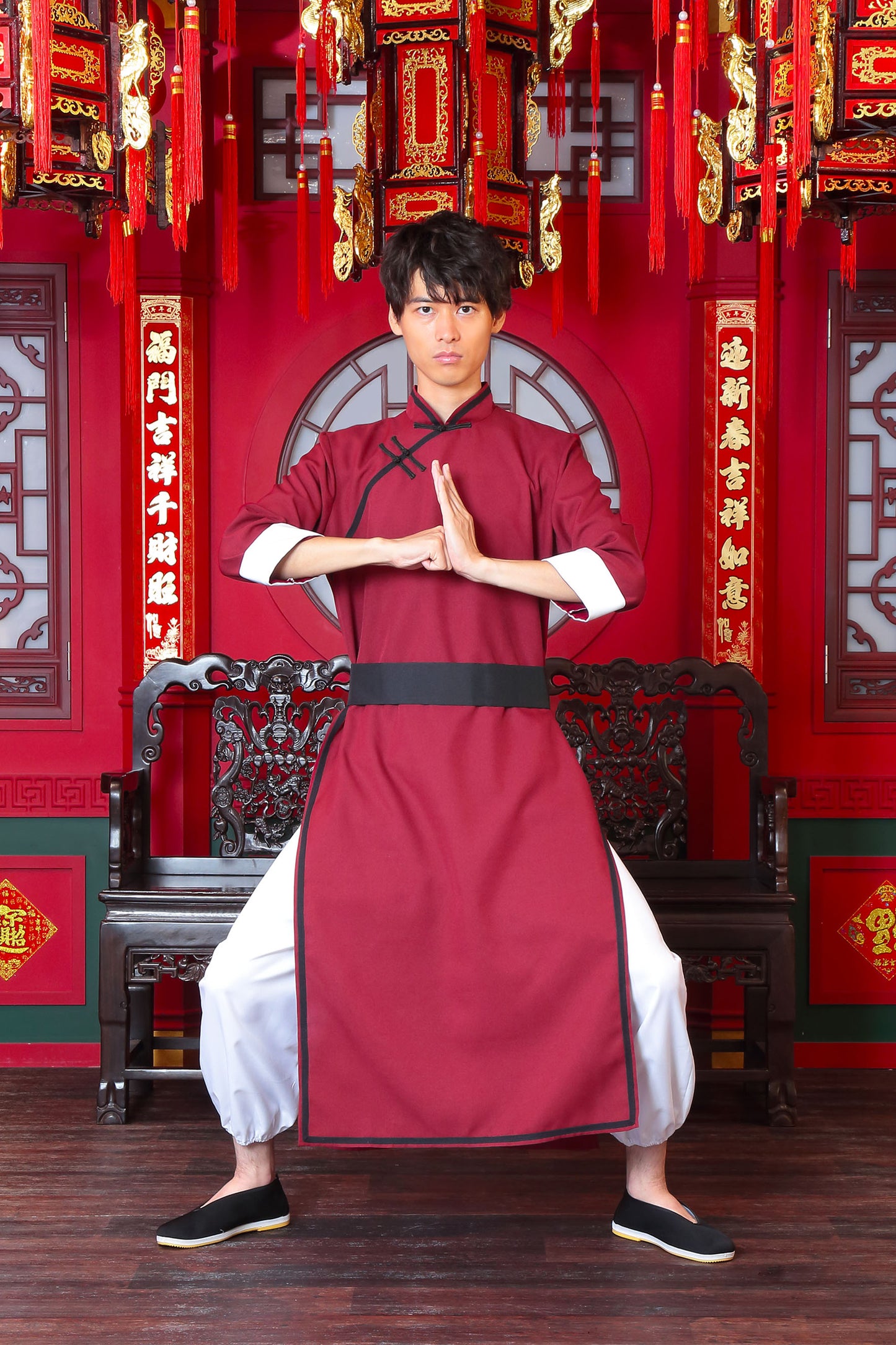コスプレ ハロウィン チャイナ ロイヤルチャイナ カンフー ユニセックス フリーサイズ ブラック/レッド【クリアストーン】