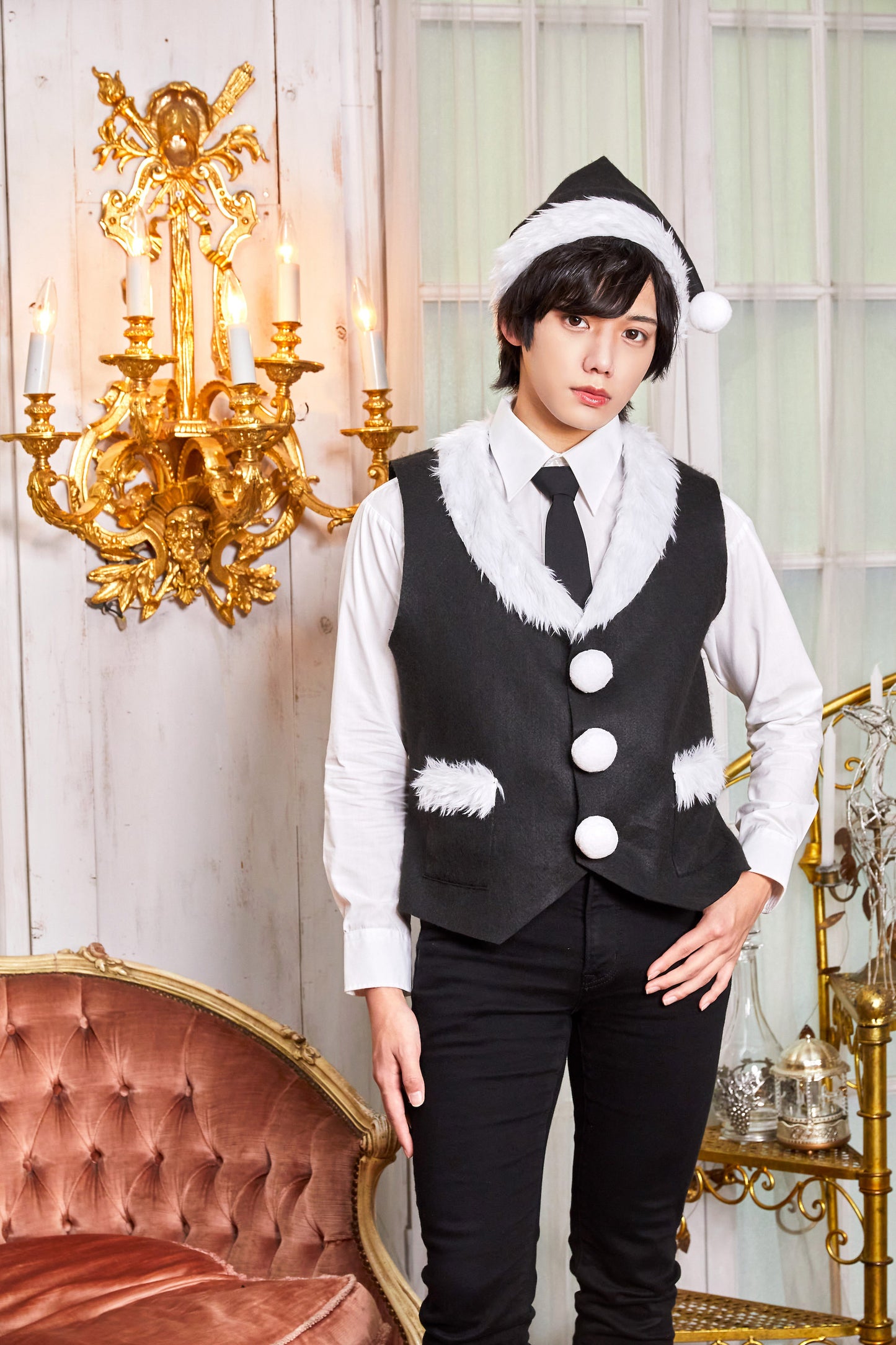 コスプレ クリスマス サンタ サンタベストセット メンズ フリーサイズ レッド/ブラック【クリアストーン】