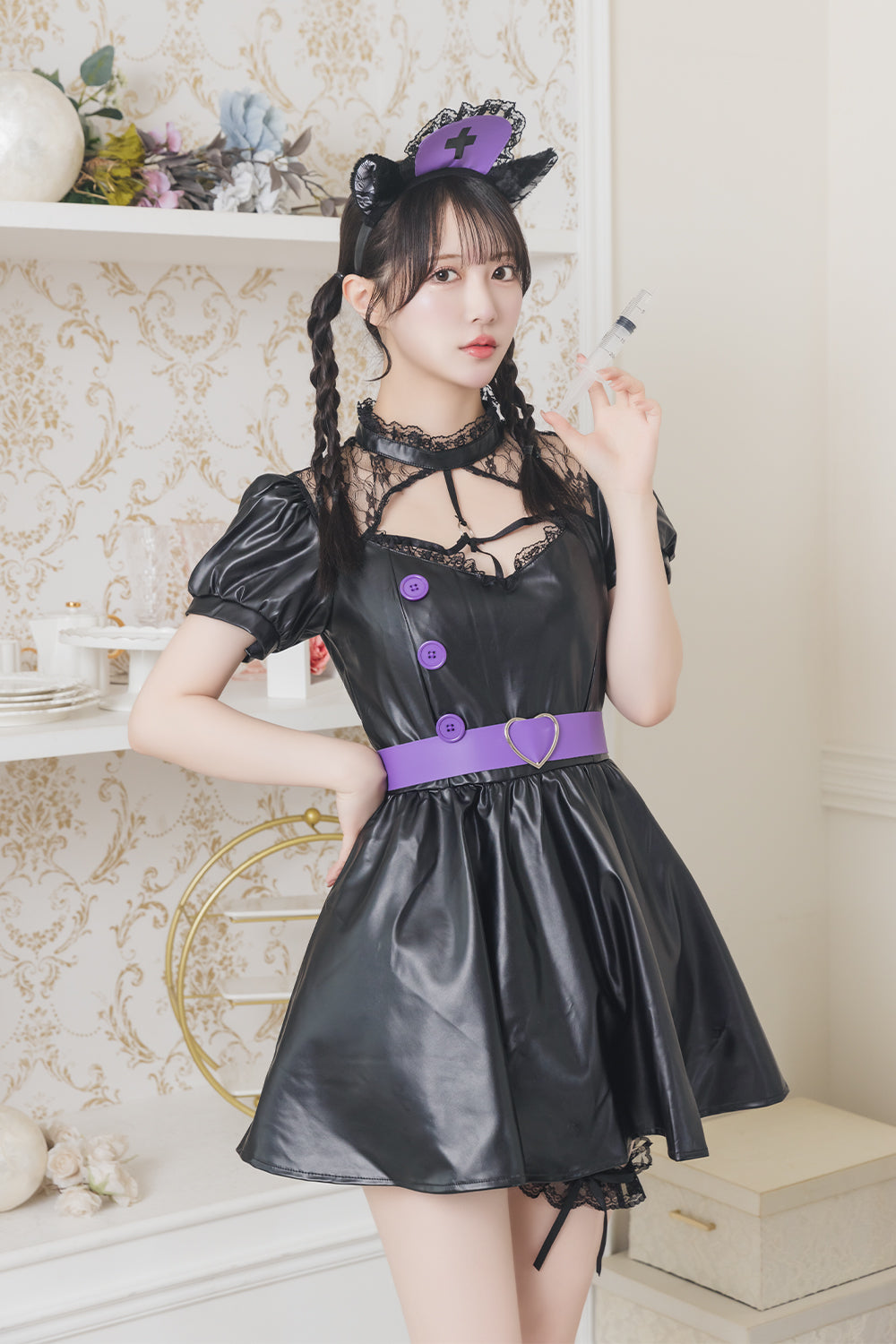 《JamsCollection着用》コスプレ ハロウィン ナース ナース服 フロイマイン 真夜中ねこナース レディース フリーサイズ ブラッ ...