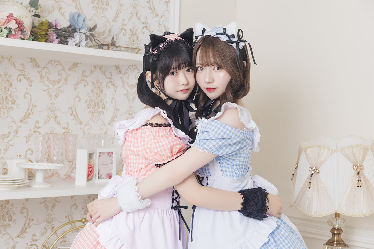 《JamsCollection着用》コスプレ ハロウィン メイド リリパレ ギンガムねこメイド レディース フリーサイズ ピンク/ブルー【クリアストーン】