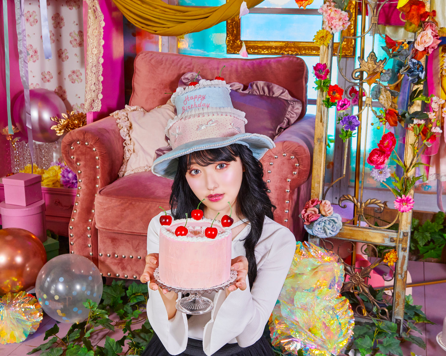 誕生日 帽子 お祝い ケーキ チェリーケーキハット ユニセックス フリーサイズ パステルカラー【クリアストーン】