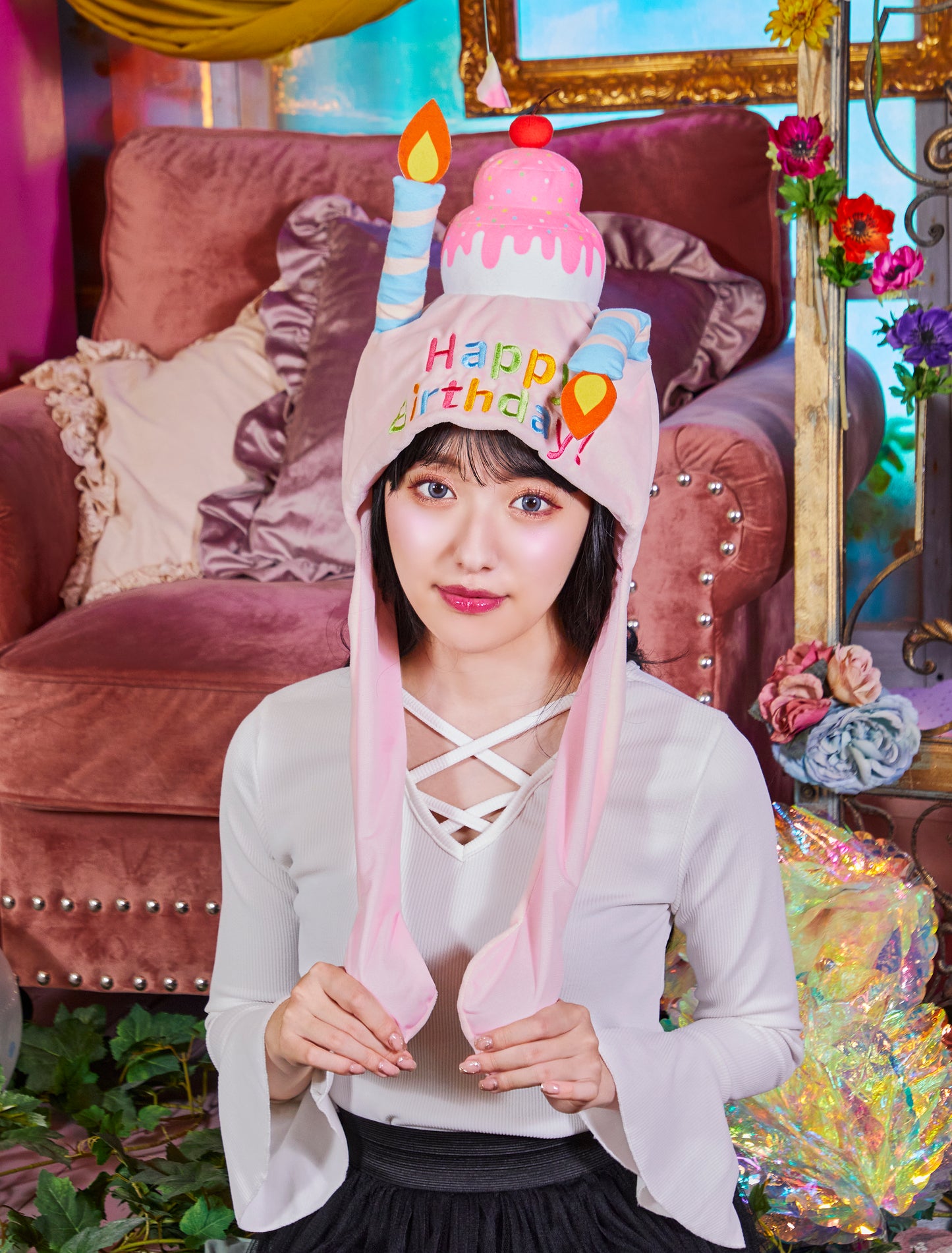 誕生日 帽子 お祝い ケーキ パタパタケーキハット ユニセックス フリーサイズ ショートケーキ/ストロベリー【クリアストーン】