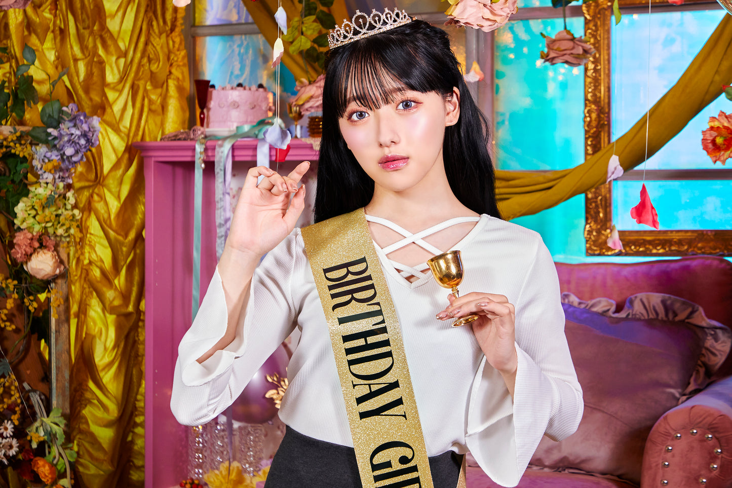 誕生日 お祝い サッシュセット たすき ティアラ レディース フリーサイズ ピンク/ゴールド/ブラック/ピンクゴールド【クリアストーン】