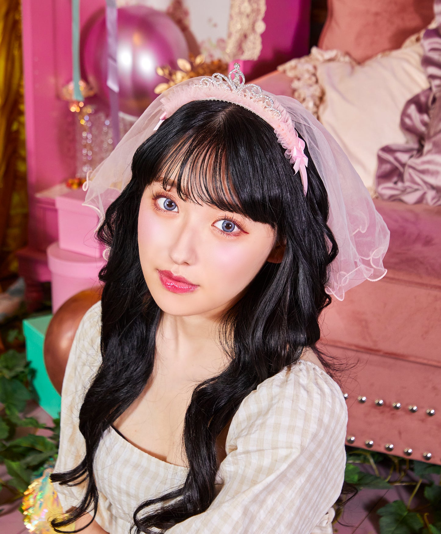 誕生日 お祝い 女子会 装飾 花嫁 ピンクベールカチューシャ フリーサイズ ピンク【クリアストーン】