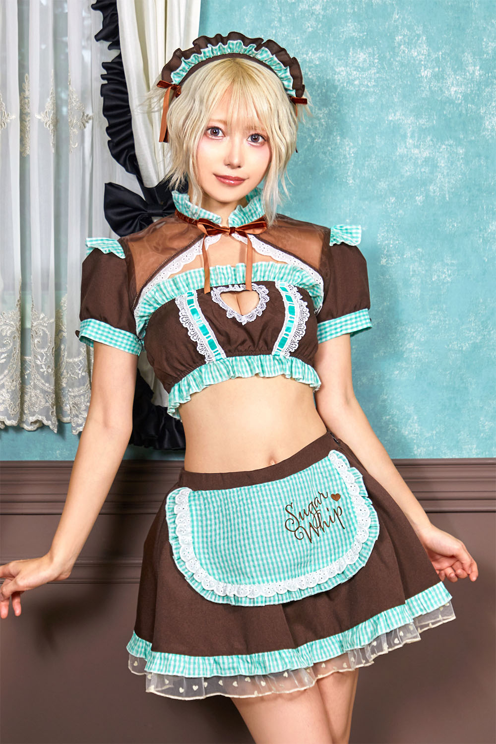 コスプレ メイド バレンタイン チョコ シュガーウィップ チョコレートメイド レディース フリーサイズ ブラウン/ミント/いちご ブラウン/グリーン/ピンク【クリアストーン】♡