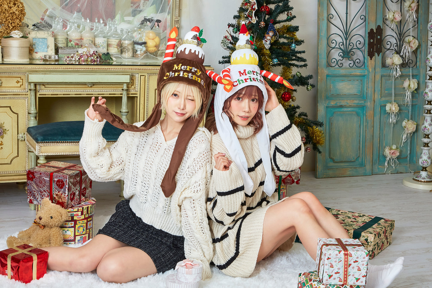 コスプレ クリスマス 小物 帽子 パタパタハット クリスマスケーキ メリークリスマス ホワイト/チョコ ユニセックス フリーサイズ【クリアストーン】