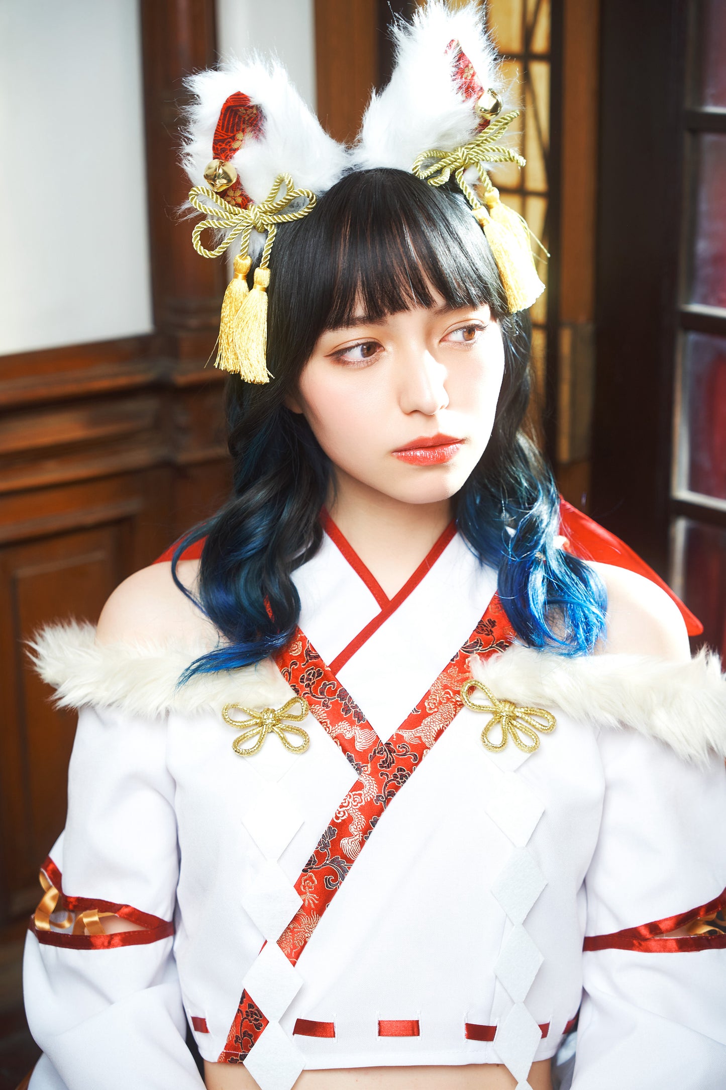 コスプレ 和柄小物 和柄カチューシャ 白狐/茶狐ユニセックス ホワイト/ブラウン【クリアストーン】