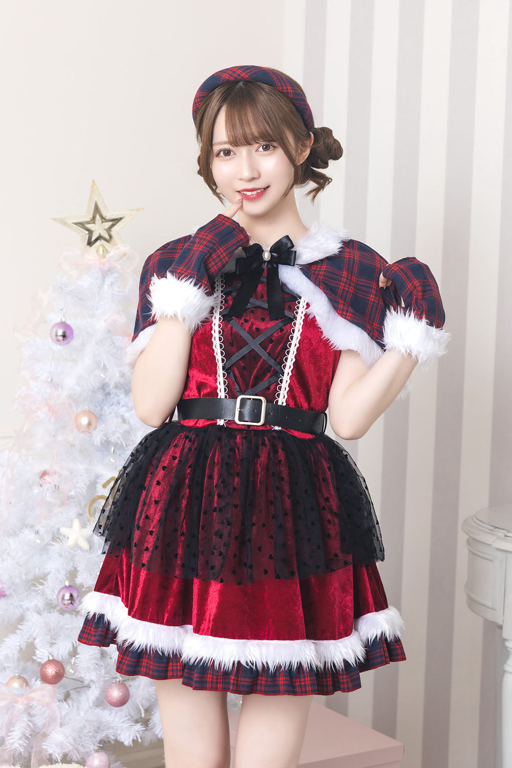 《JamsCollection着用》コスプレ サンタ クリスマス リリパレ チェックケープサンタ レディース フリーサイズ グリーン/レッド【クリアストーン】♡