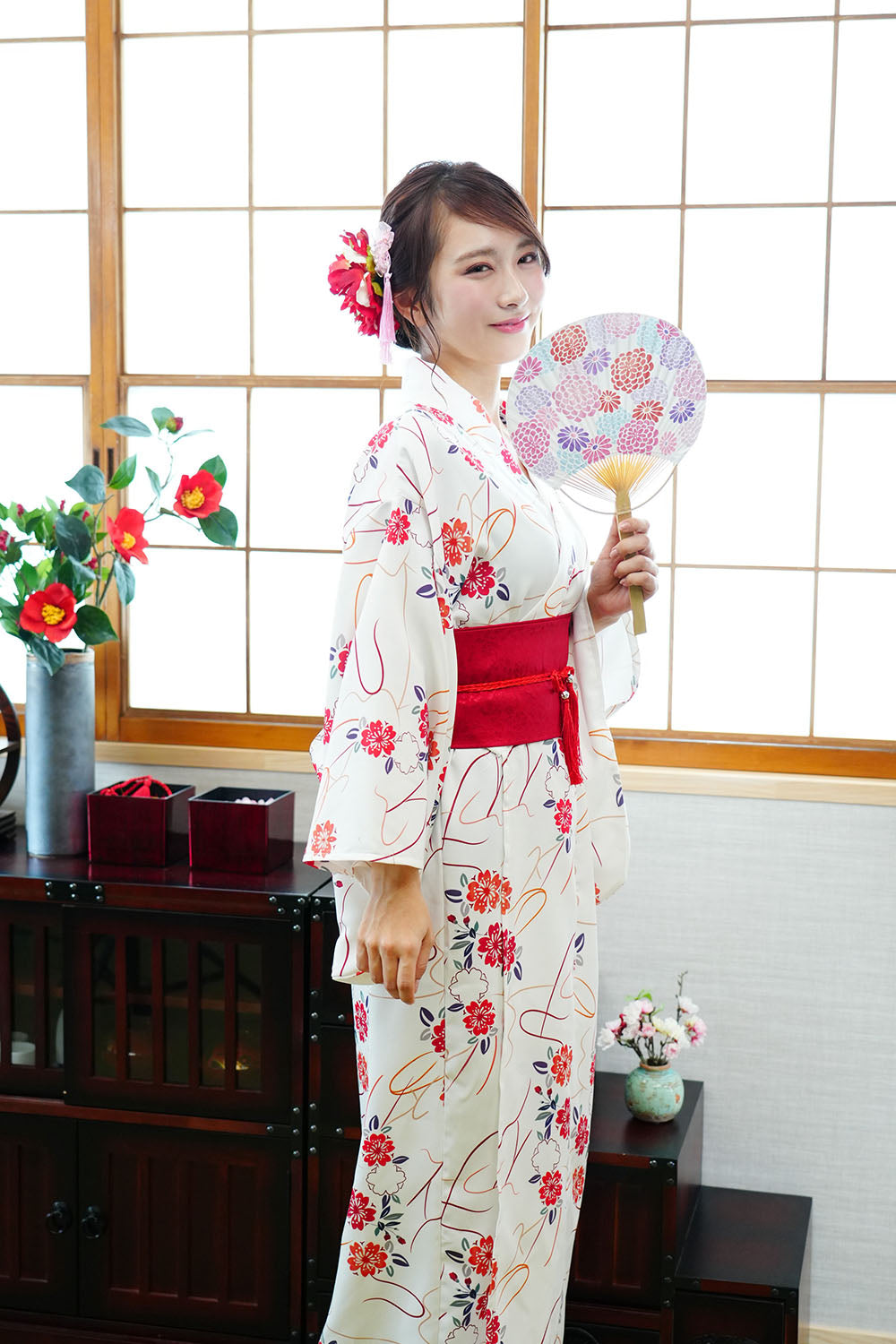 コスプレ レディース着物セット 黒牡丹/朱蝶/白花 レディース フリーサイズ ブラック/レッド/ホワイト【クリアストーン】♡