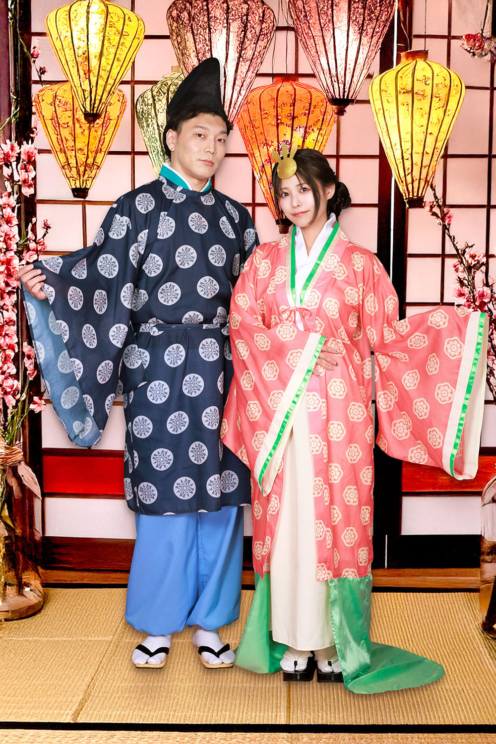 コスプレ 和風 ひなまつり お内裏様/お雛様 メンズ レディース フリーサイズ ネイビー/ピンク【クリアストーン】