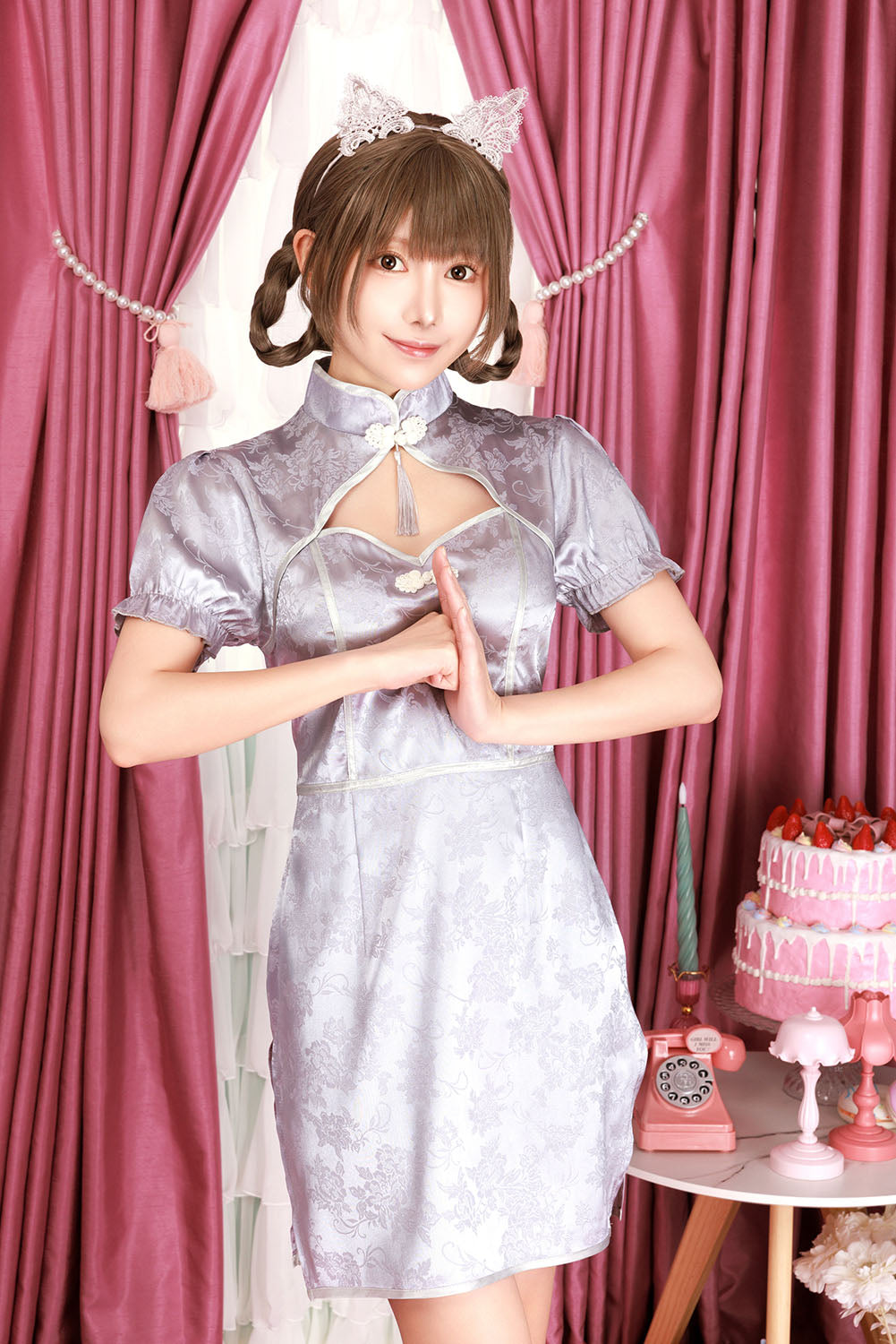 コスプレ アニマル ねこ チャイナ マカロンキャット グレーチャイナ レディース グレー【クリアストーン】♡