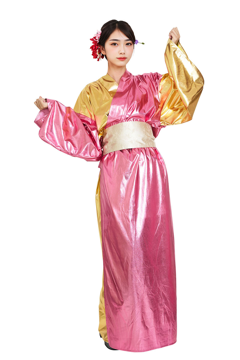 コスプレ ハロウィン バラエティグッズ キラキラ着物 ユニセックス フリーサイズ ピンク【クリアストーン】