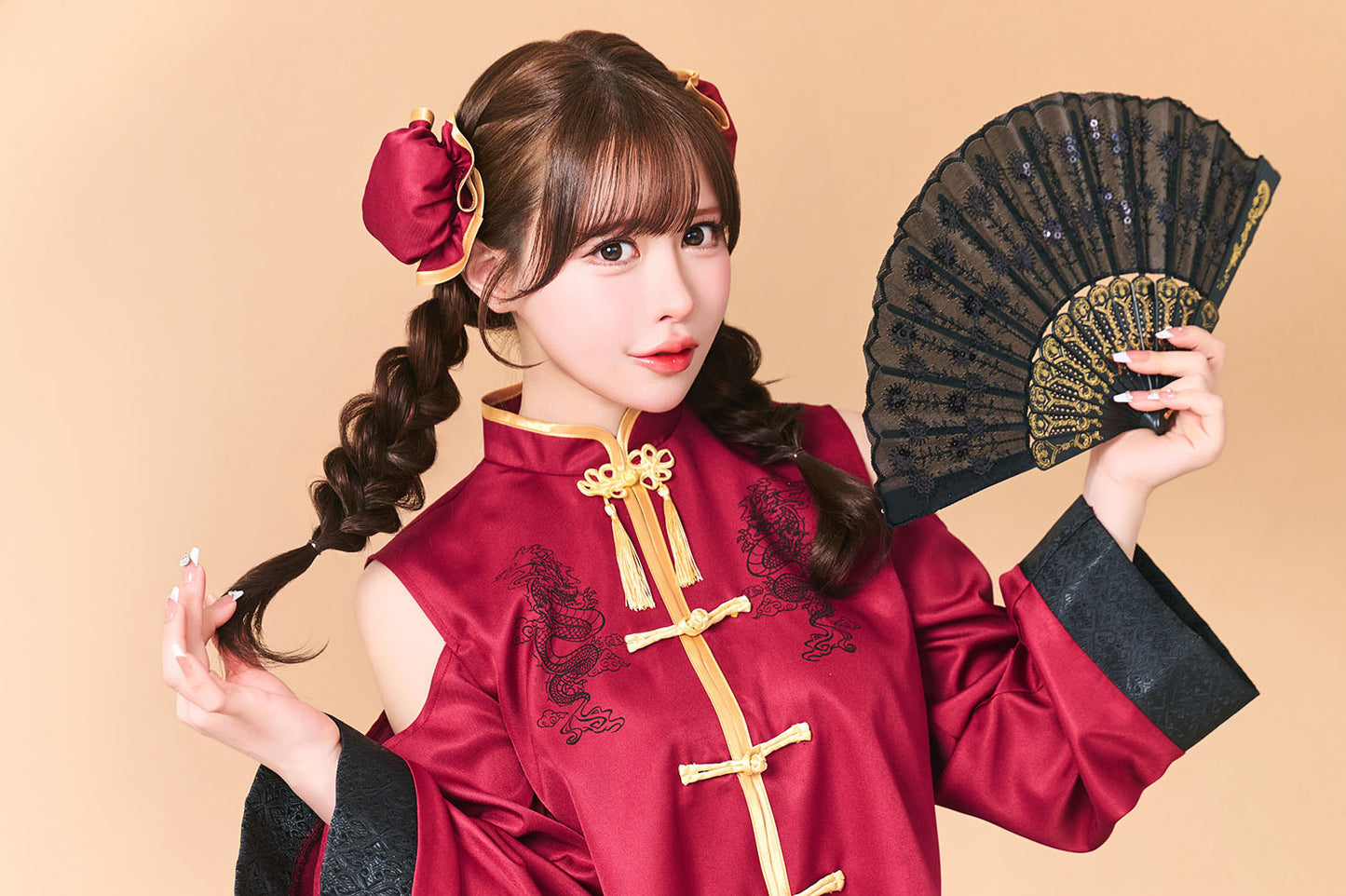 コスプレ アニマル トッピングトップス カンフーチャイナ 黒/紅 レディース フリーサイズ ブラック/レッド【クリアストーン】♡