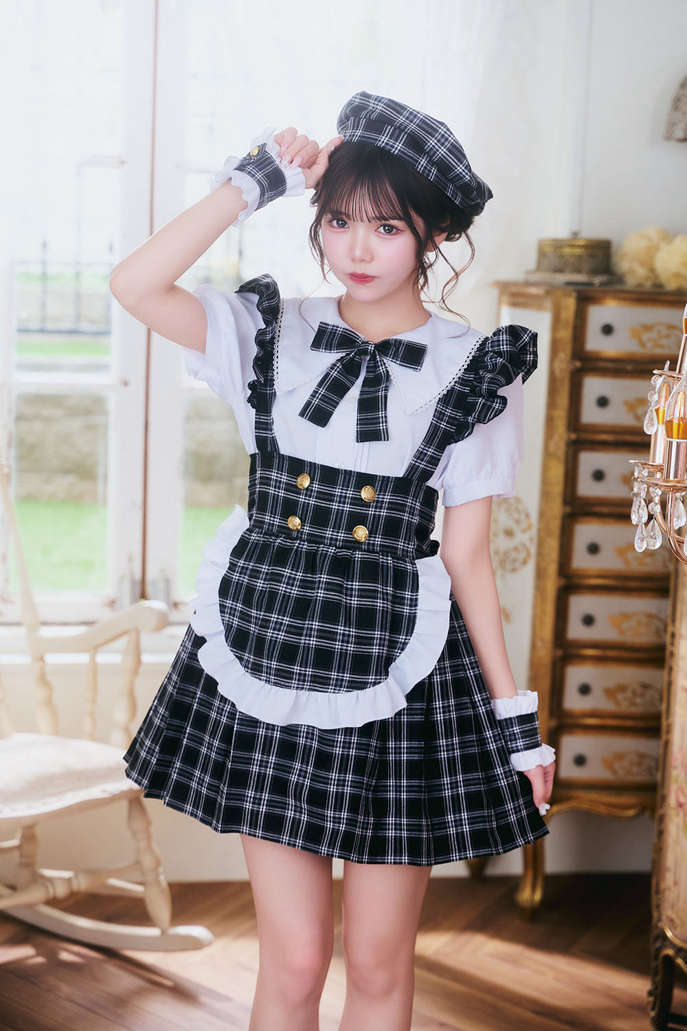コスプレ ハロウィン メイド リリパレ アイドルチェックメイド レディース フリーサイズ レッド/ピンク/オレンジ/イエロー/ミント/ブルー/ネイビー/パープル/ホワイト/ブラック 【クリアストーン】♡
