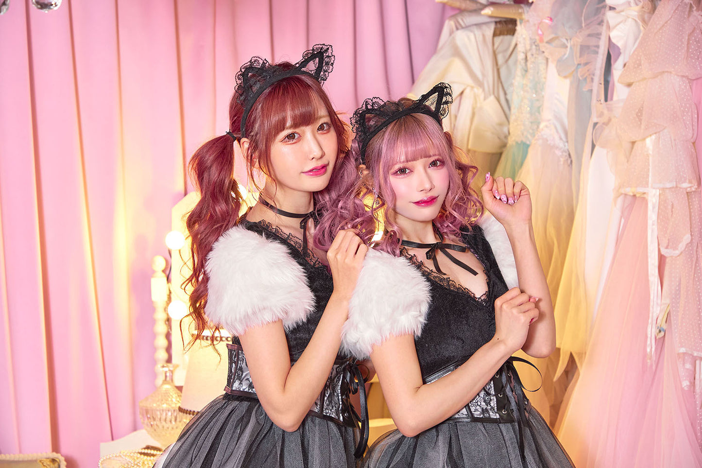 コスプレ ねこ コケティッシュガーリー ストロベリーキャット/バニラキャット レディース S M L ピンク/ホワイト【クリアストーン】