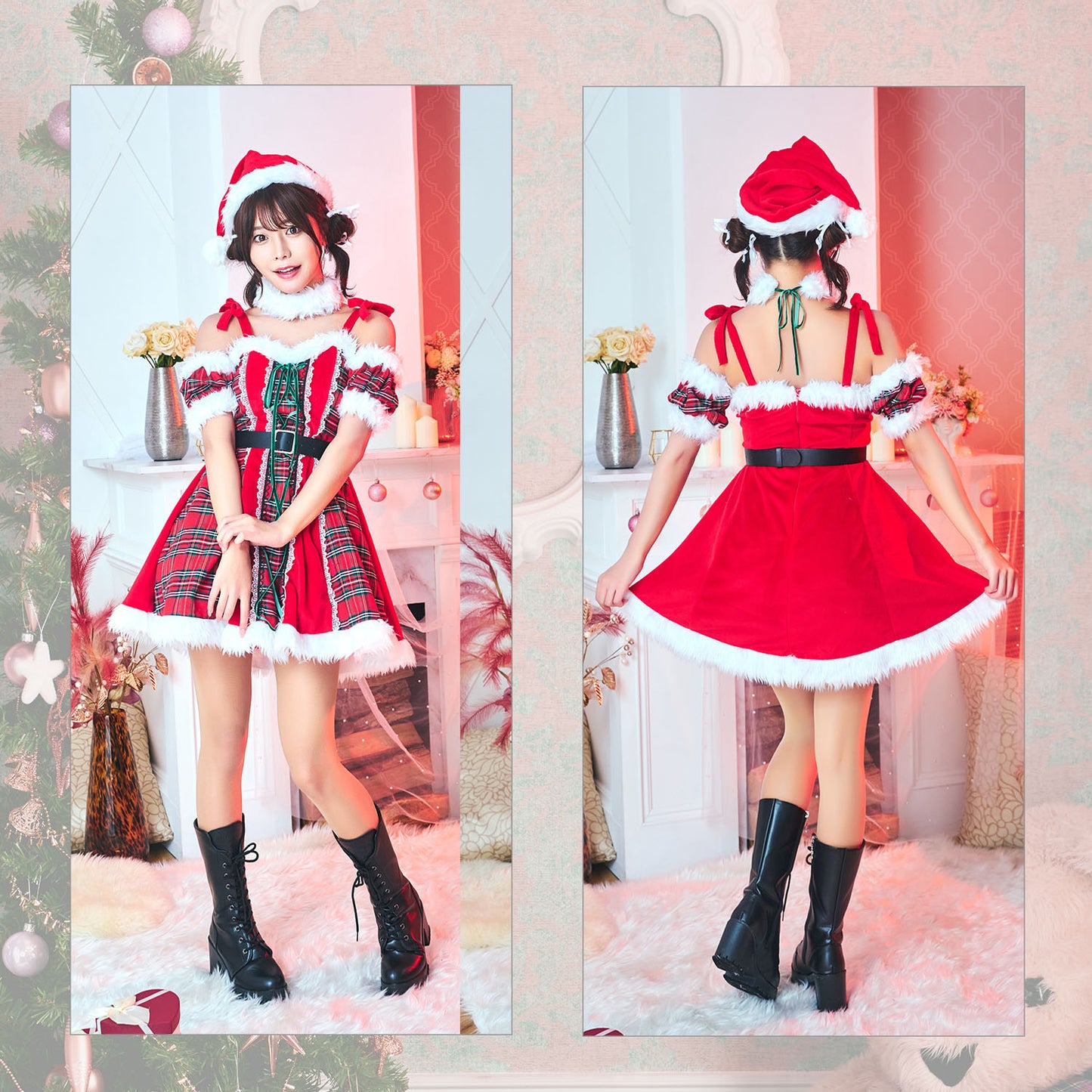 《63ANGELまいかちゃん着用》 コスプレ クリスマス サンタ チェック チェックフリルレースアップサンタ レディース フリーサイズ レッド 【クリアストーン】