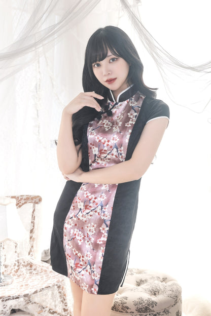 [New] コスプレ チャイナ 和柄チャイナ ミニ 藤/桜 レディース M/XL ブラック【クリアストーン】