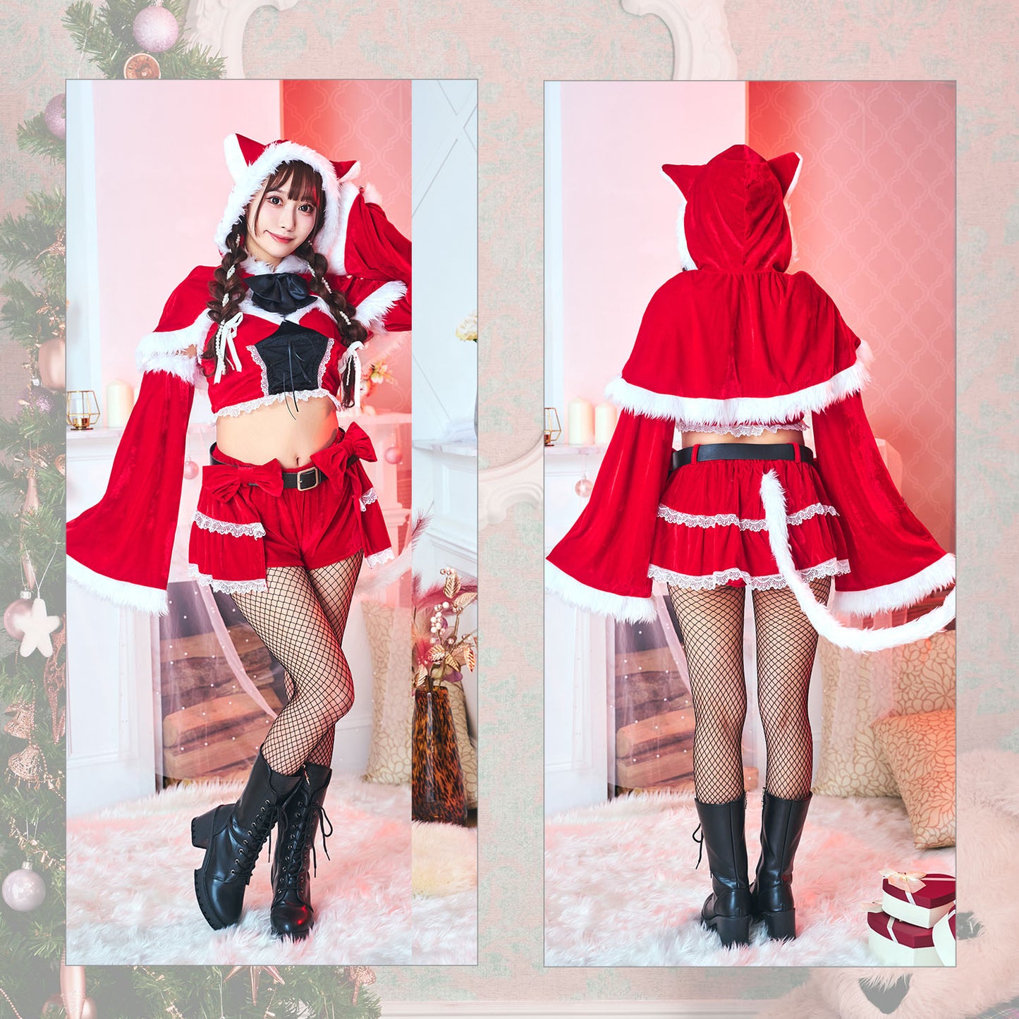 《63ANGELルミちゃん着用》 コスプレ クリスマス サンタ ねこ ねこ耳 レースアップ猫耳ケープサンタ レディース レッド 【クリアストーン】