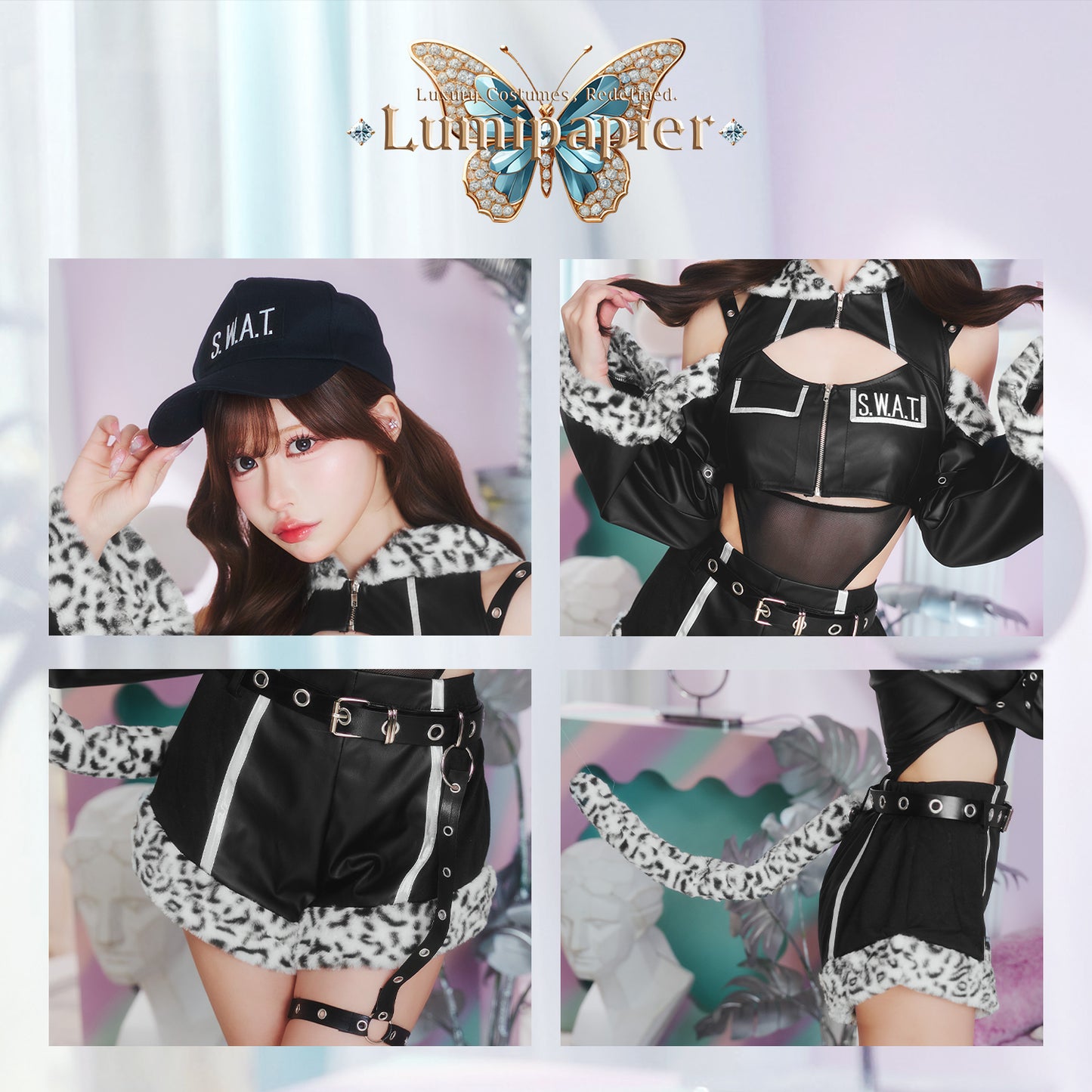 [New] コスプレ ルミパピエ 白ヒョウSWAT レディース フリーサイズ ブラック 【クリアストーン】♡