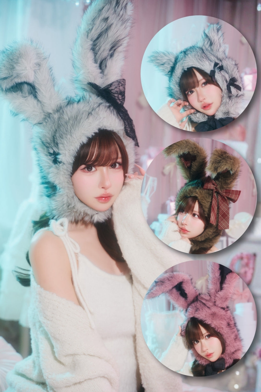 [New] コスプレ小物 ハロウィン アニマル かぶりもの もふもふうさたん/もふもふにゃんにゃん レディース フリーサイズ グレー/ブラウン/ピンク【クリアストーン】