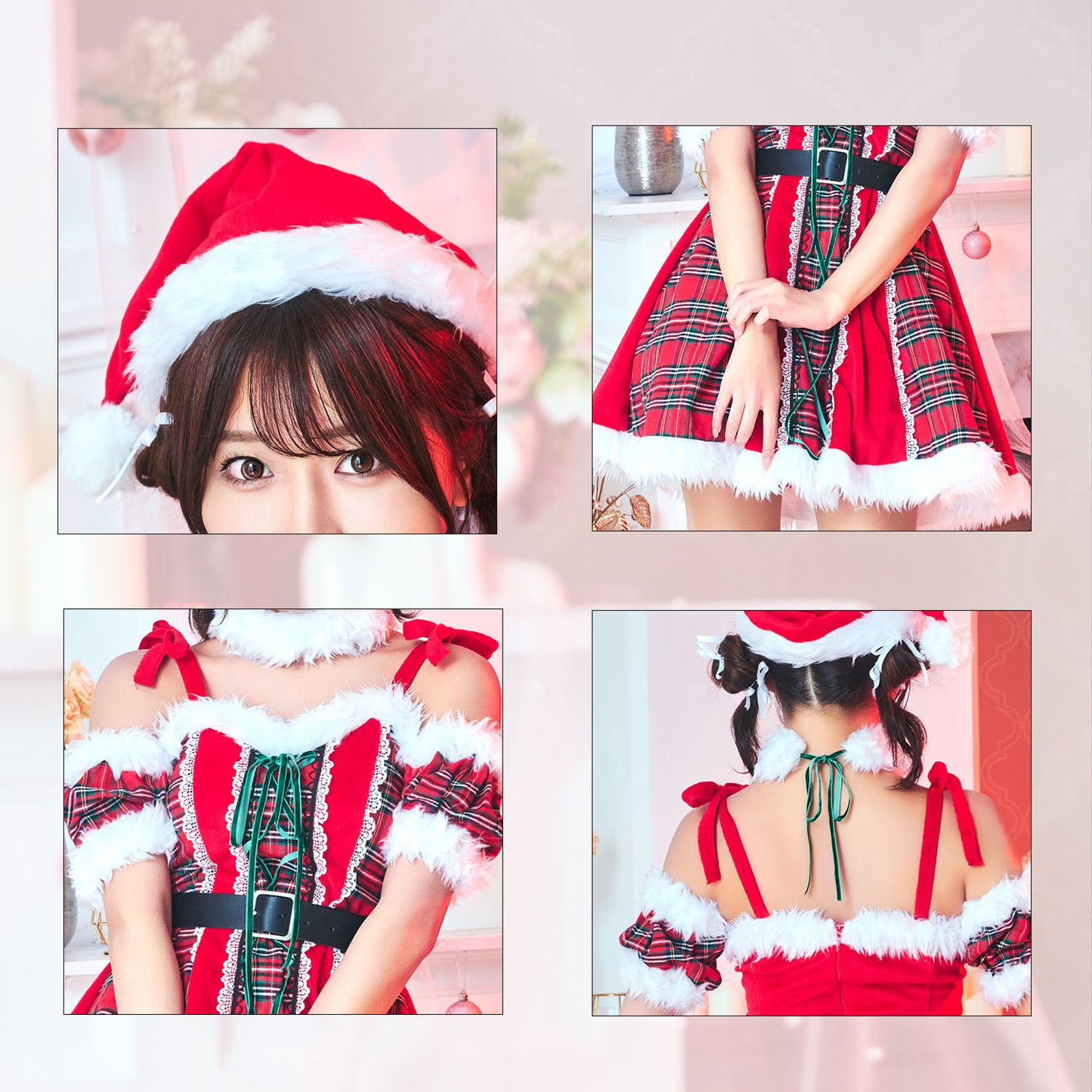 《63ANGELまいかちゃん着用》 コスプレ クリスマス サンタ チェック チェックフリルレースアップサンタ レディース フリーサイズ レッド 【クリアストーン】