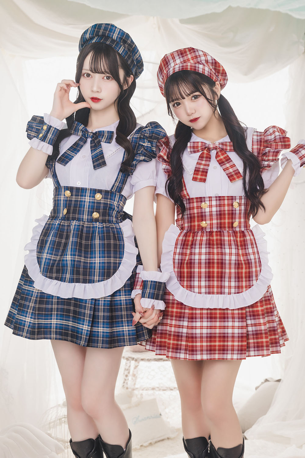 《JamsCollection着用》コスプレ リリパレ アイドルチェックメイド レディース フリーサイズ ネイビー/レッド 【クリアストーン】♡