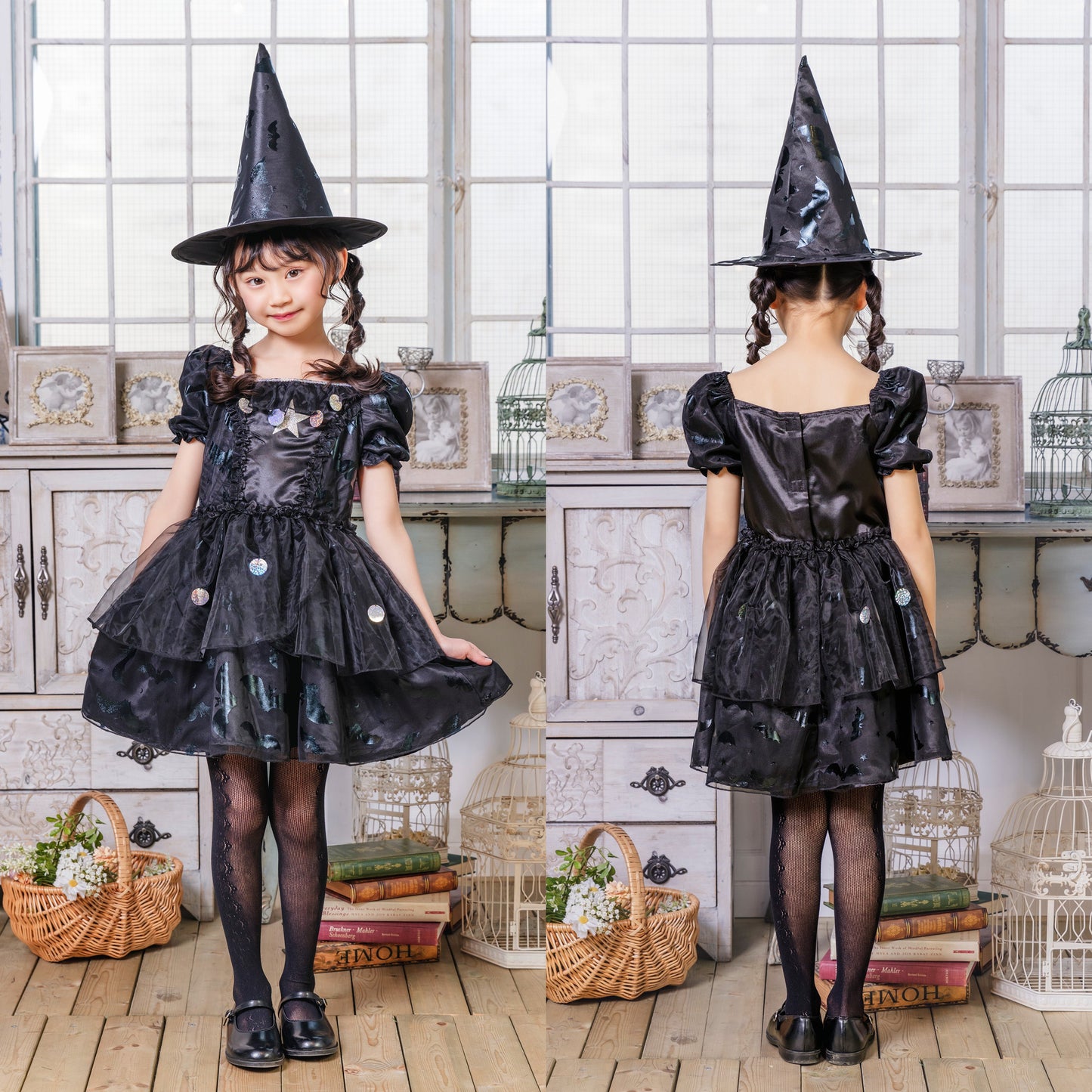 コスプレ キッズ こども 魔女 ハロウィン メルヘンウィッチ 女の子 100cm/120cm/140cm ブラック　【クリアストーン】