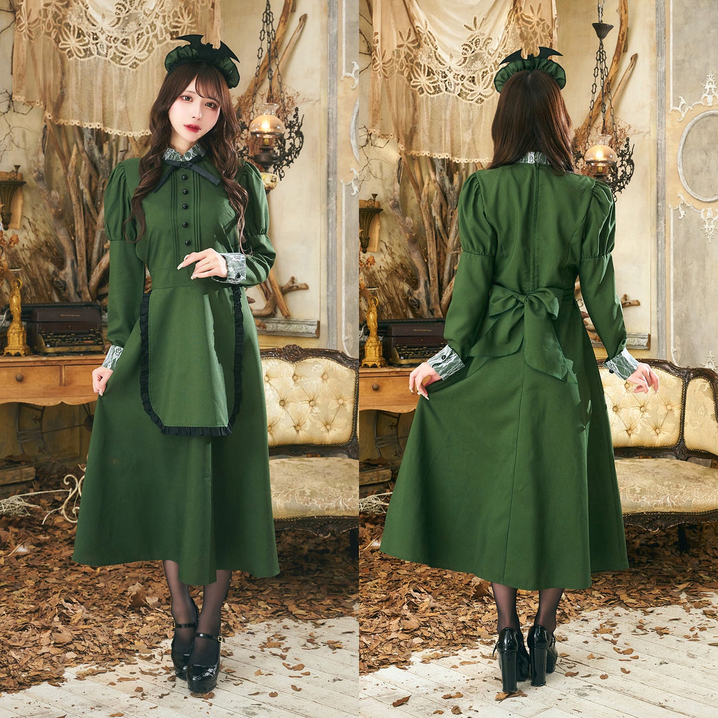 コスプレ メイド ハロウィン 洋館メイド レディース フリーサイズ グリーン/ボルドー【クリアストーン】♡