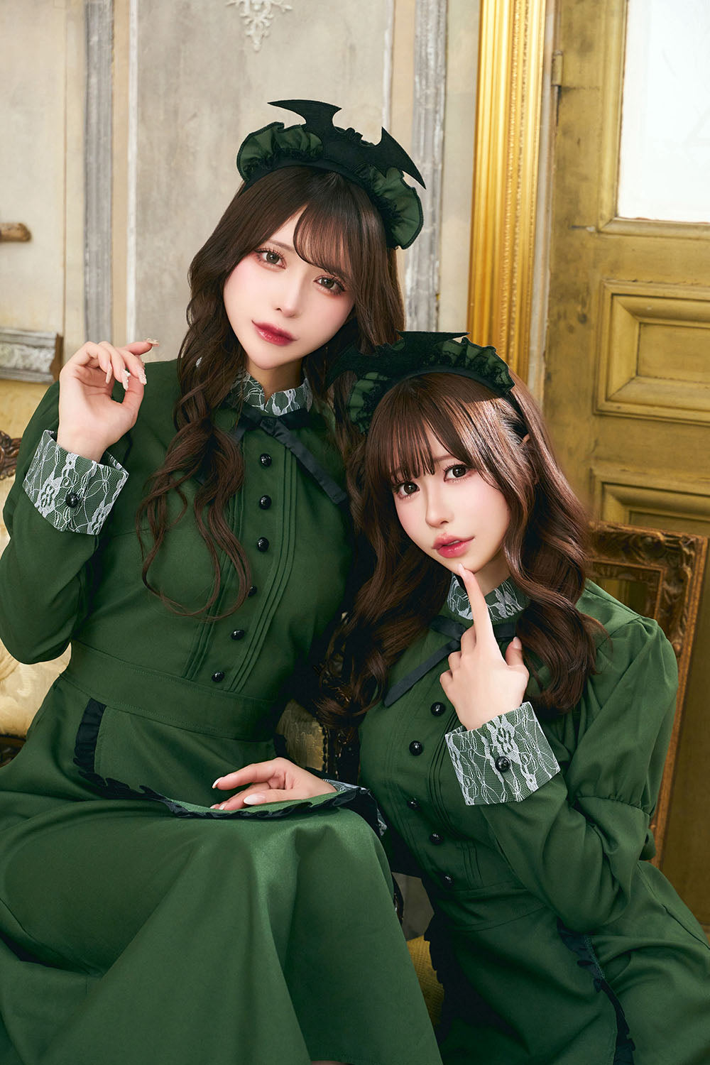 コスプレ メイド ハロウィン 洋館メイド レディース フリーサイズ グリーン/ボルドー【クリアストーン】♡