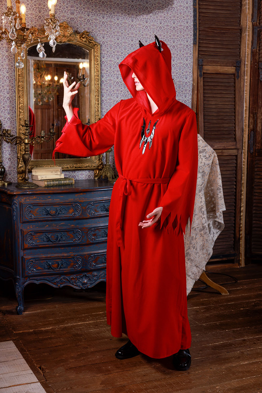 ≪スタンミさん着用≫ コスプレ 仮装 ハロウィン デビルローブ メンズ フリーサイズ レッド 【クリアストーン】