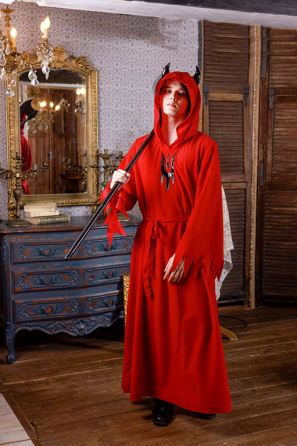 ≪スタンミさん着用≫ コスプレ 仮装 ハロウィン デビルローブ メンズ フリーサイズ レッド 【クリアストーン】