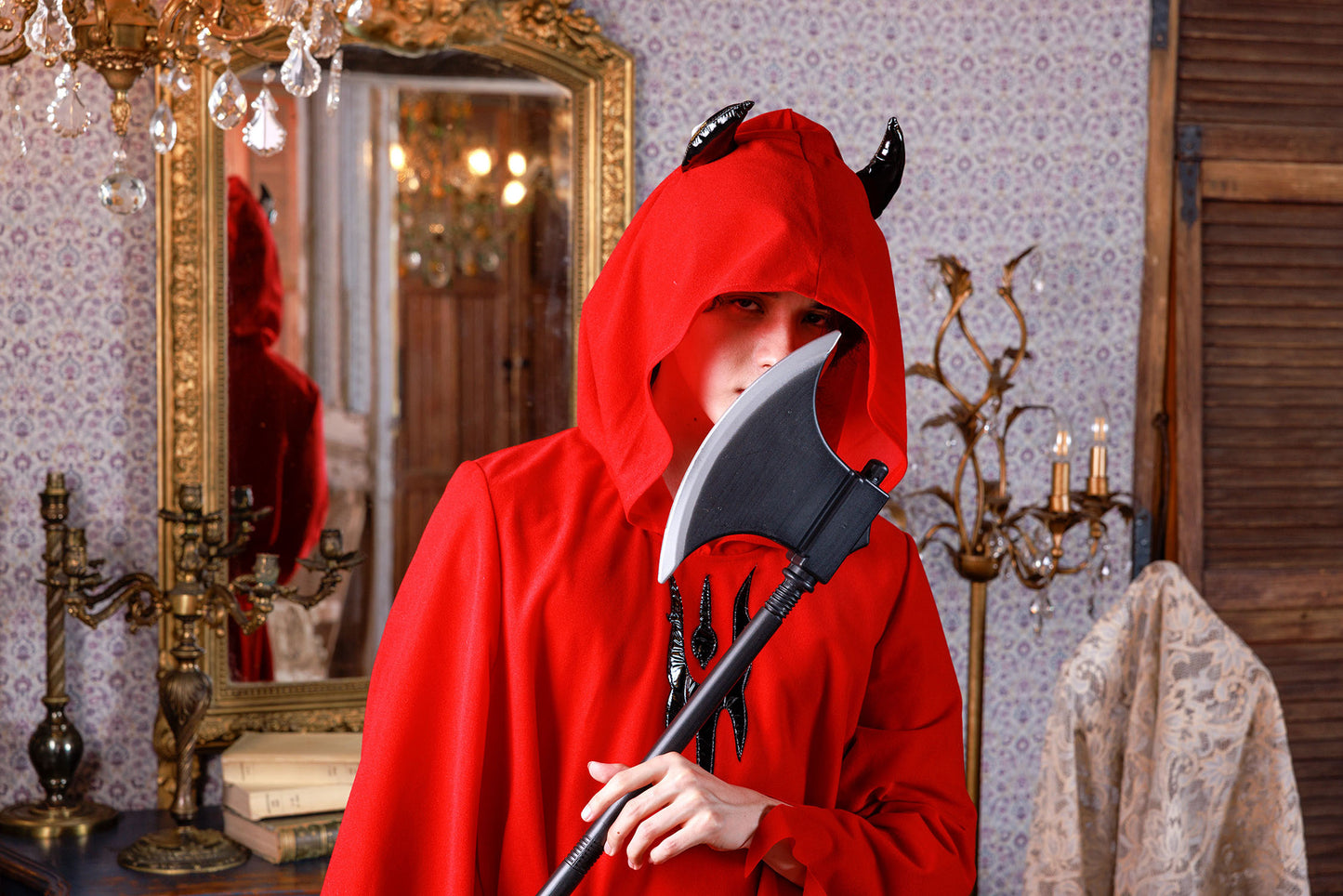 ≪スタンミさん着用≫ コスプレ 仮装 ハロウィン デビルローブ メンズ フリーサイズ レッド 【クリアストーン】