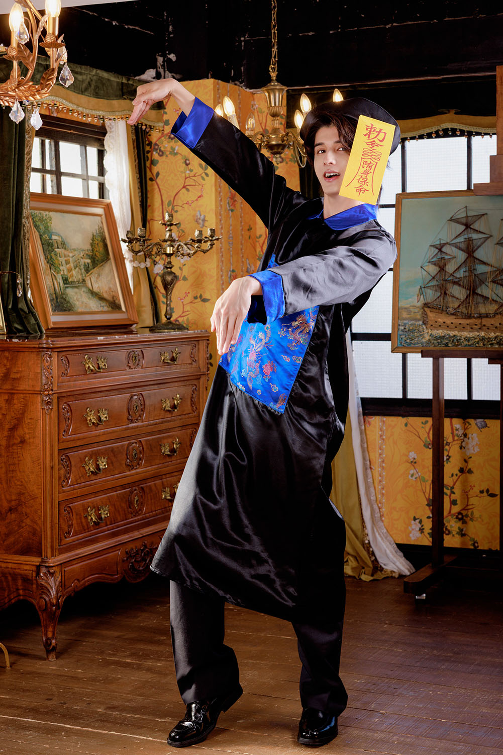 ≪スタンミさん着用≫ コスプレ 仮装 ハロウィン キョンシー メンズ フリーサイズ ブルー 【クリアストーン】