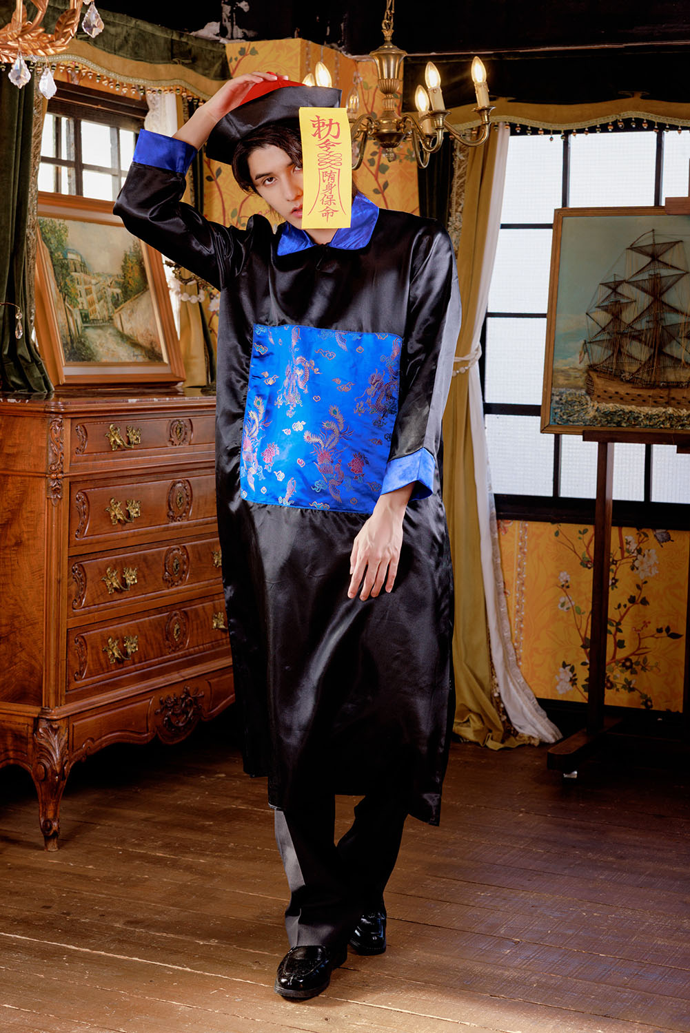 ≪スタンミさん着用≫ コスプレ 仮装 ハロウィン キョンシー メンズ フリーサイズ ブルー 【クリアストーン】