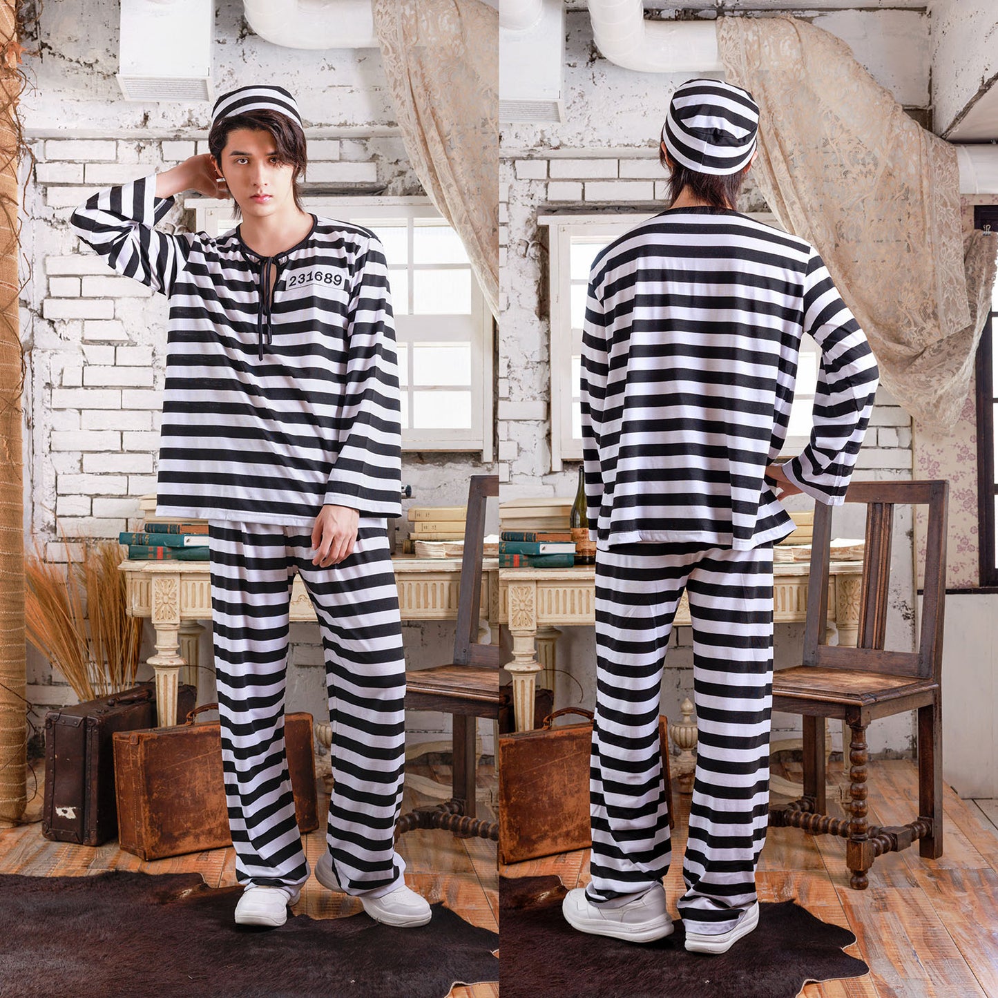 ≪スタンミさん着用≫ コスプレ 仮装 ハロウィン 囚人 フォンデットスーツ メンズ フリーサイズ ブラック 【クリアストーン】