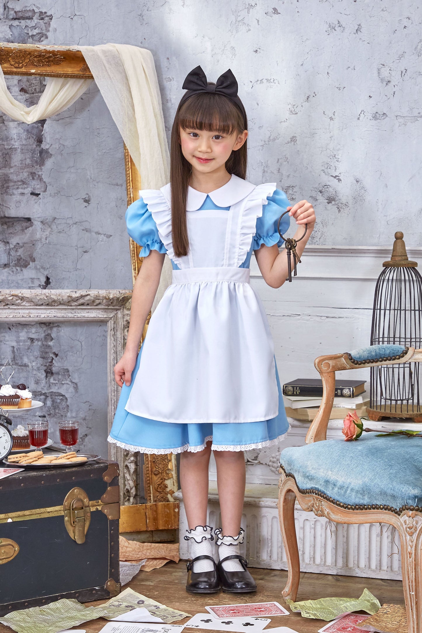 コスプレ キッズ こども 不思議の国のアリス アリス メイド ハロウィン AQUAドレス 100cm/120cm/140cm ブルー ホワイト【クリアストーン】