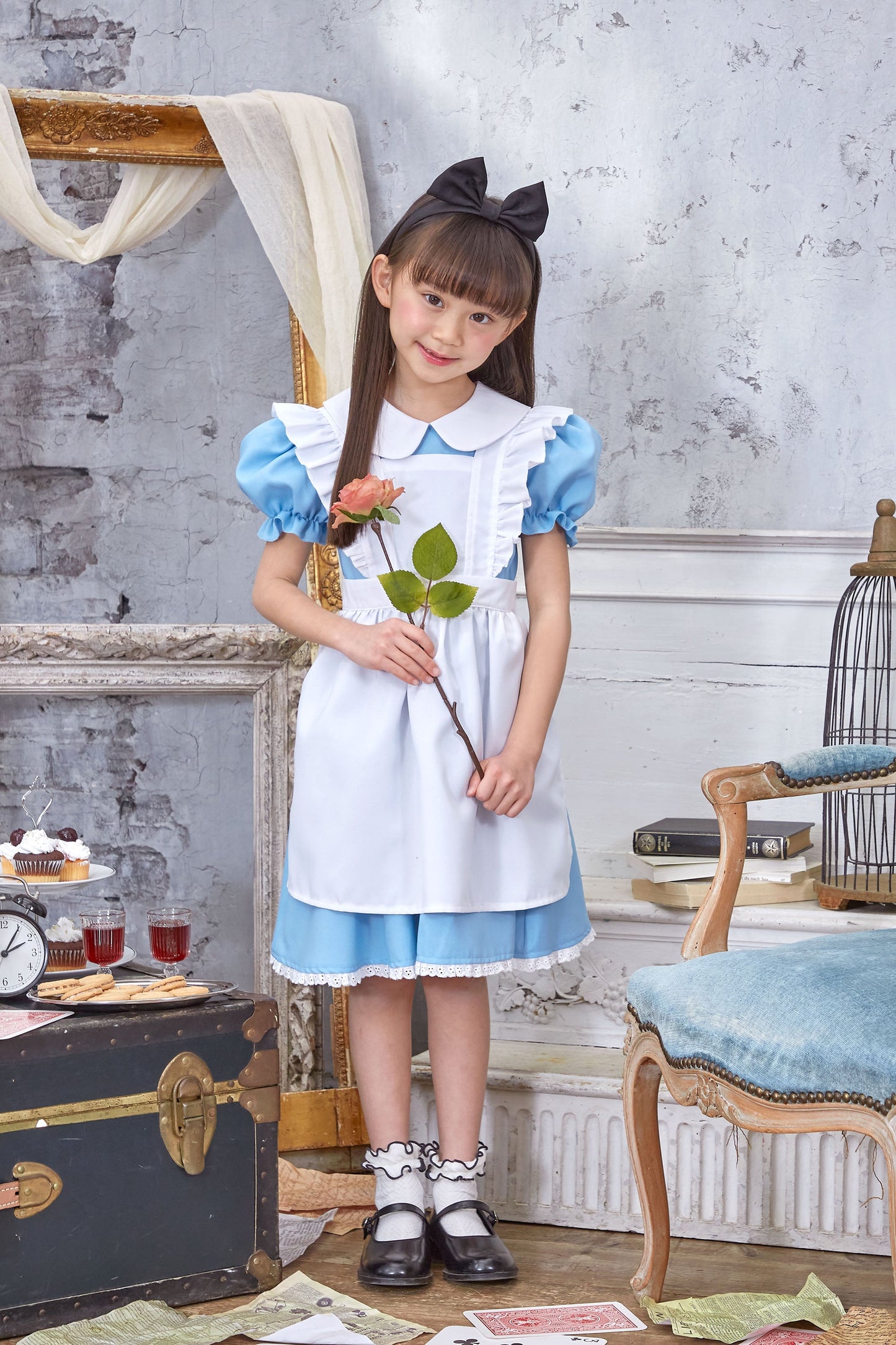 コスプレ キッズ こども 不思議の国のアリス アリス メイド ハロウィン AQUAドレス 100cm/120cm/140cm ブルー ホワイト【クリアストーン】
