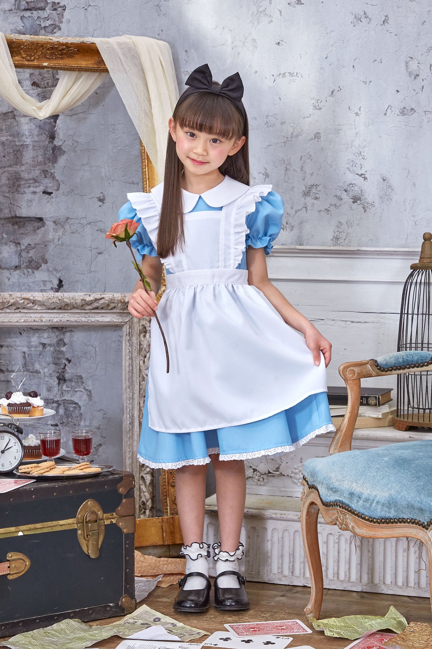 コスプレ キッズ こども 不思議の国のアリス アリス メイド ハロウィン AQUAドレス 100cm/120cm/140cm ブルー ホワイト【クリアストーン】