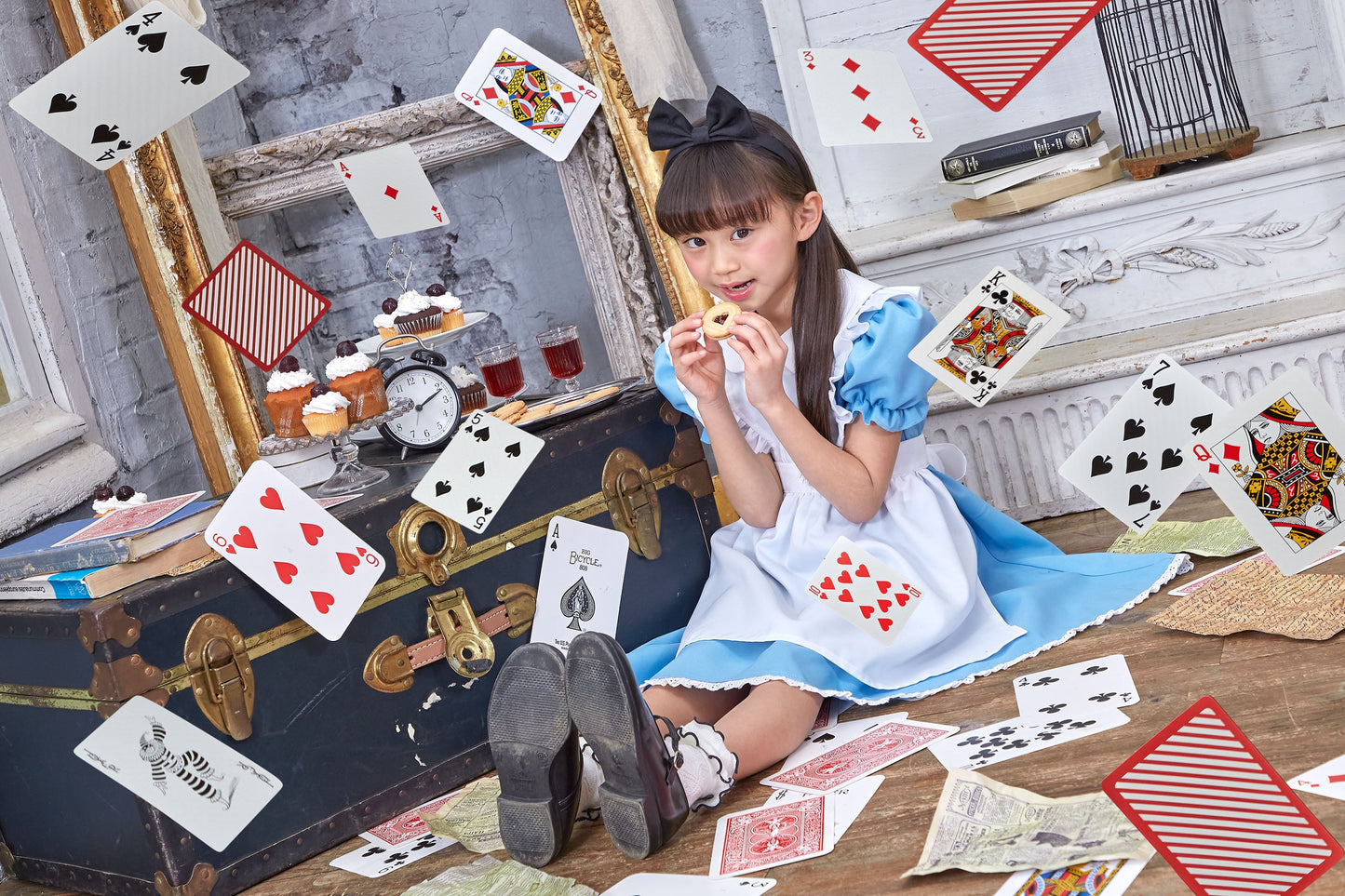 コスプレ キッズ こども 不思議の国のアリス アリス メイド ハロウィン AQUAドレス 100cm/120cm/140cm ブルー ホワイト【クリアストーン】