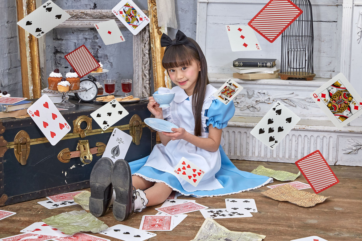 コスプレ キッズ こども 不思議の国のアリス アリス メイド ハロウィン AQUAドレス 100cm/120cm/140cm ブルー ホワイト【クリアストーン】