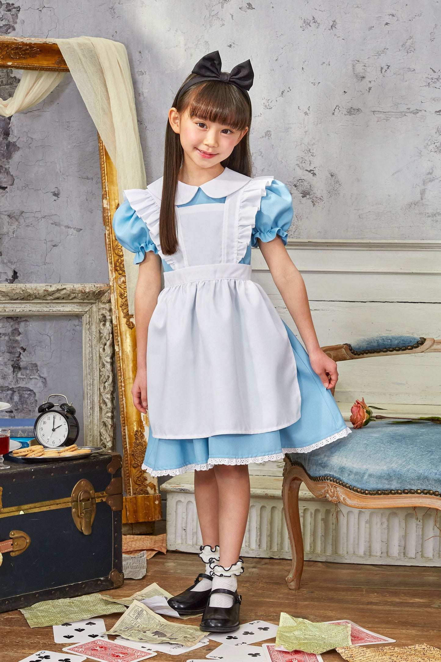 コスプレ キッズ こども 不思議の国のアリス アリス メイド ハロウィン AQUAドレス 100cm/120cm/140cm ブルー ホワイト【クリアストーン】