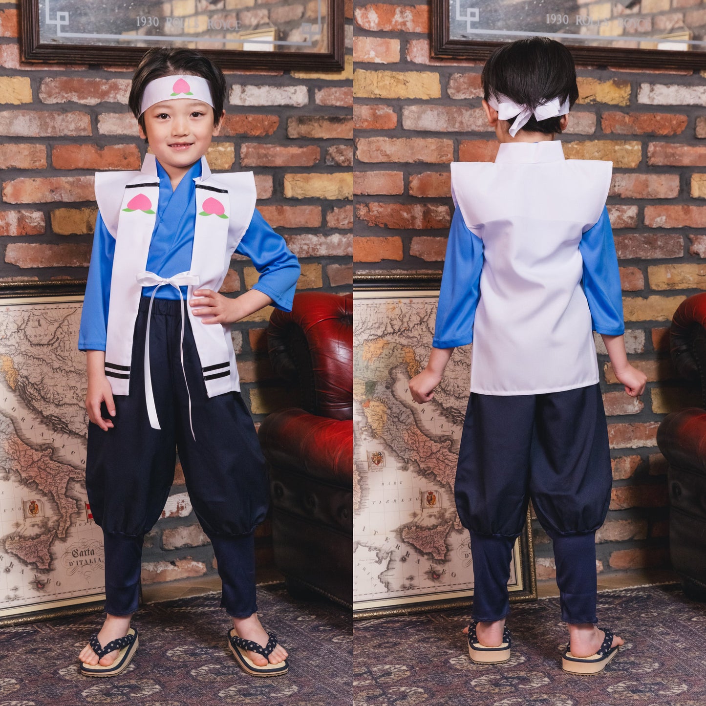 コスプレ キッズ こども 昔話 和装 キャラクター 和風コス 桃太郎 120cm ブルー ホワイト【クリアストーン】