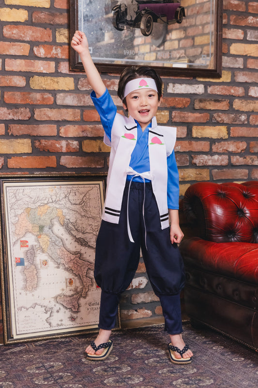 コスプレ キッズ こども 昔話 和装 キャラクター 和風コス 桃太郎 120cm ブルー ホワイト【クリアストーン】