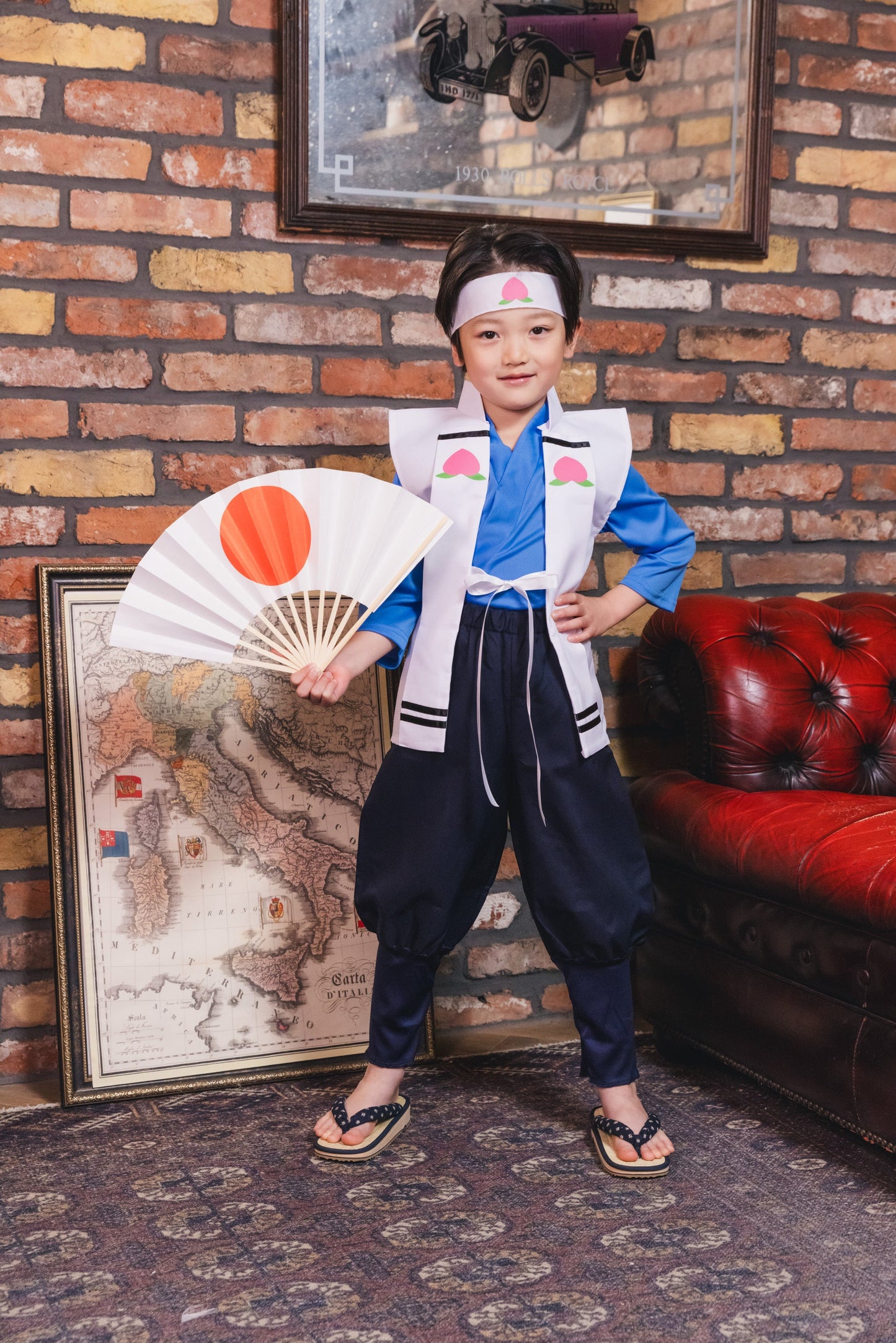 コスプレ キッズ こども 昔話 和装 キャラクター 和風コス 桃太郎 120cm ブルー ホワイト【クリアストーン】