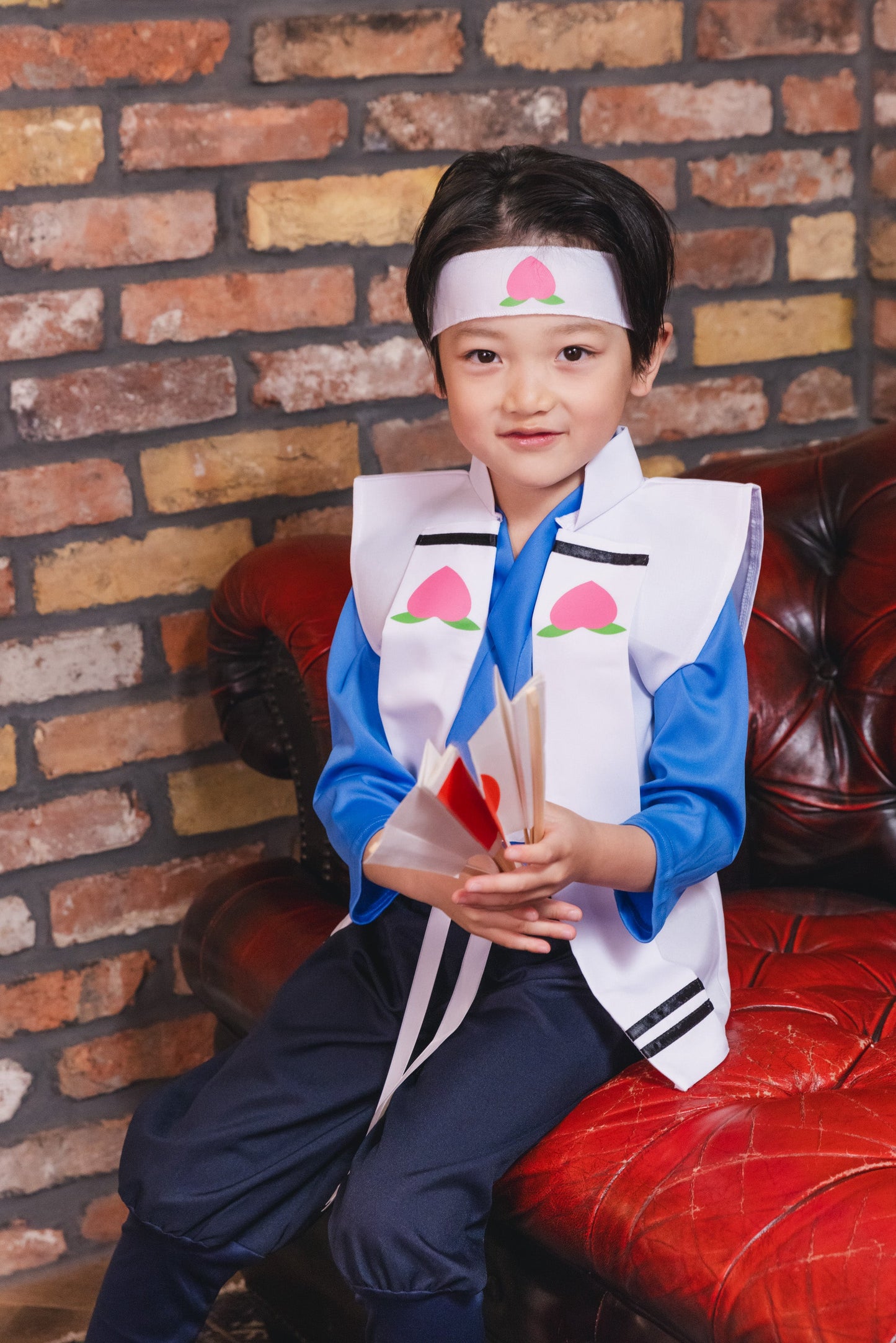 コスプレ キッズ こども 昔話 和装 キャラクター 和風コス 桃太郎 120cm ブルー ホワイト【クリアストーン】