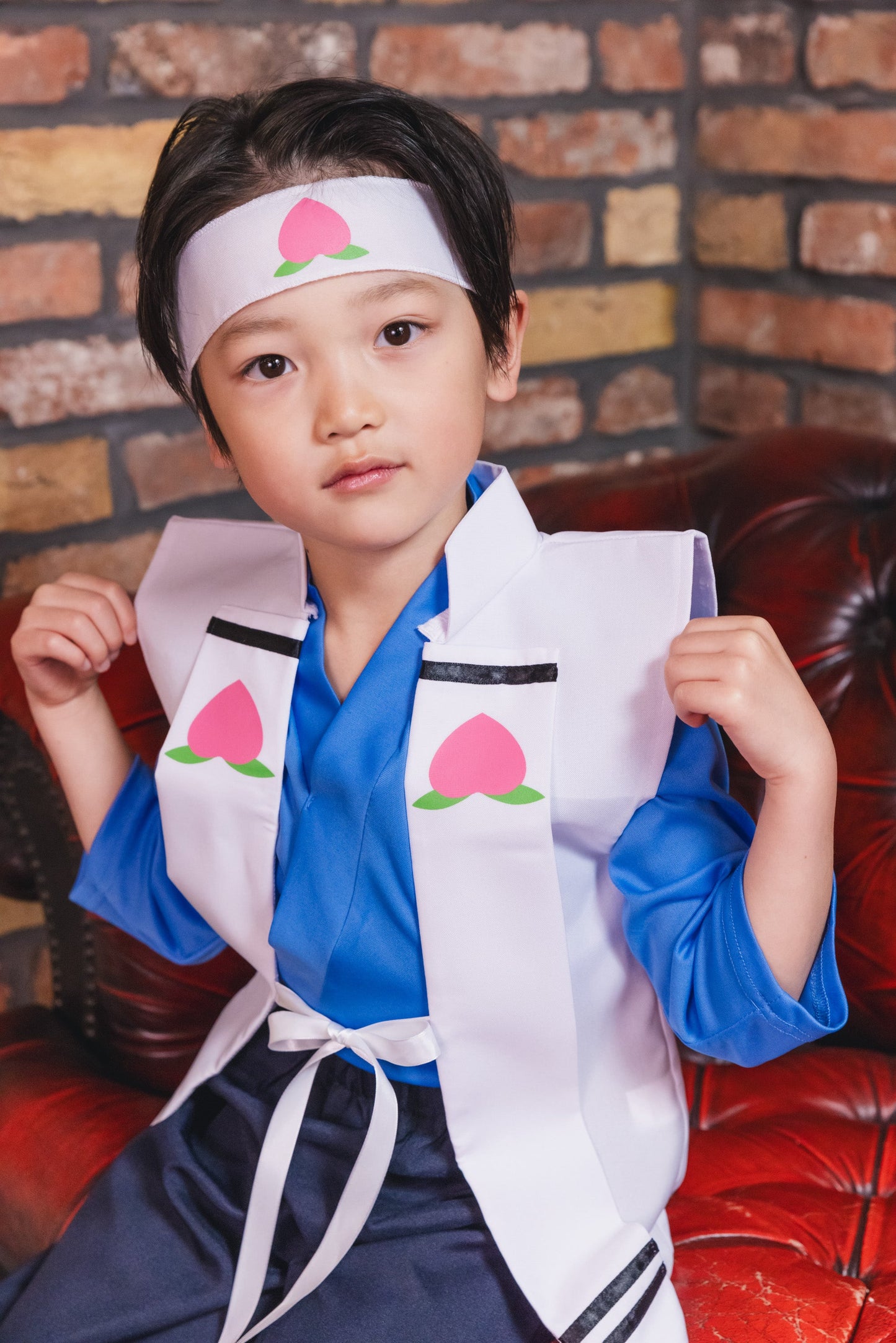 コスプレ キッズ こども 昔話 和装 キャラクター 和風コス 桃太郎 120cm ブルー ホワイト【クリアストーン】